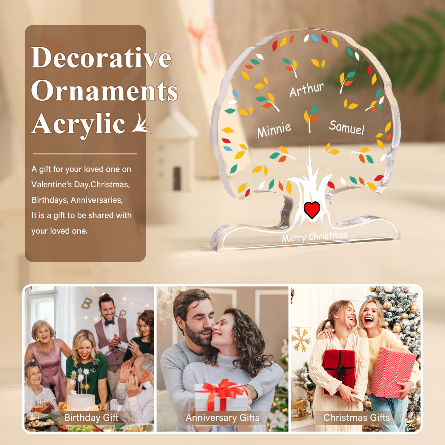 Personalisierte 2-6 Namen & Text Familienstammbaum-Acryldeko Schreibdekoration – Liebevolles Geschenk für Familie