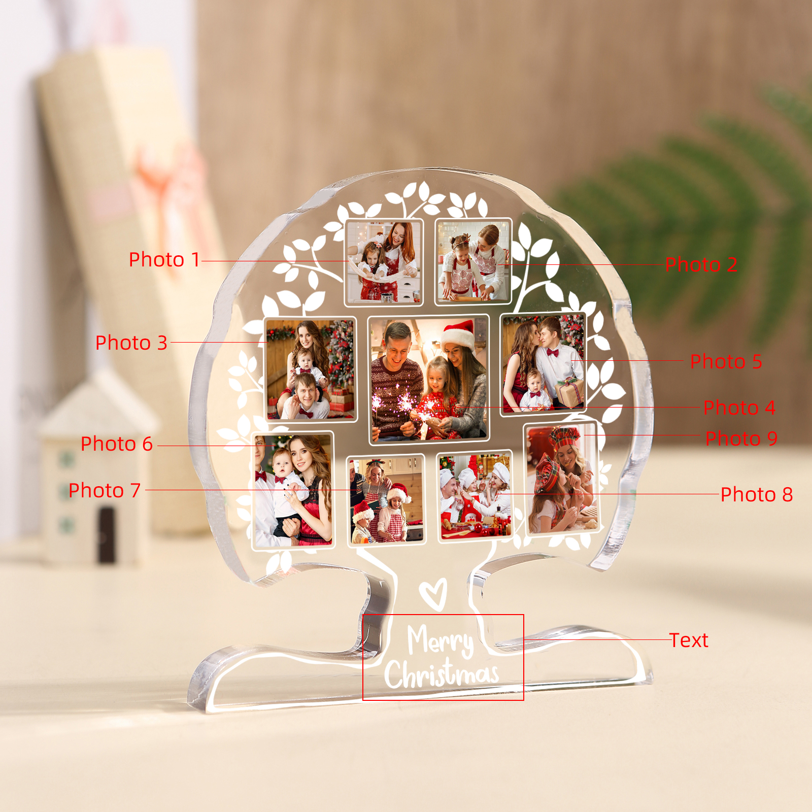 Personalisierte 9 Fotos & 1 Text Baum-Acryldeko Schreibdekoration – Ein einzigartiges Familienerbstück für Familie