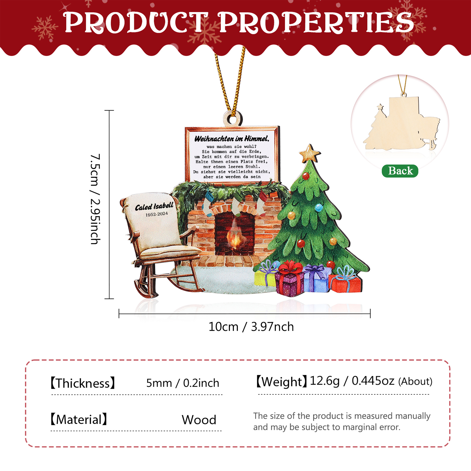 Holz Weihnachtsornament - Personalisierter 1 Name & Datum mit Kamin & Weihnachtsbaum – Weihnachtliche Erinnerungsdekoration