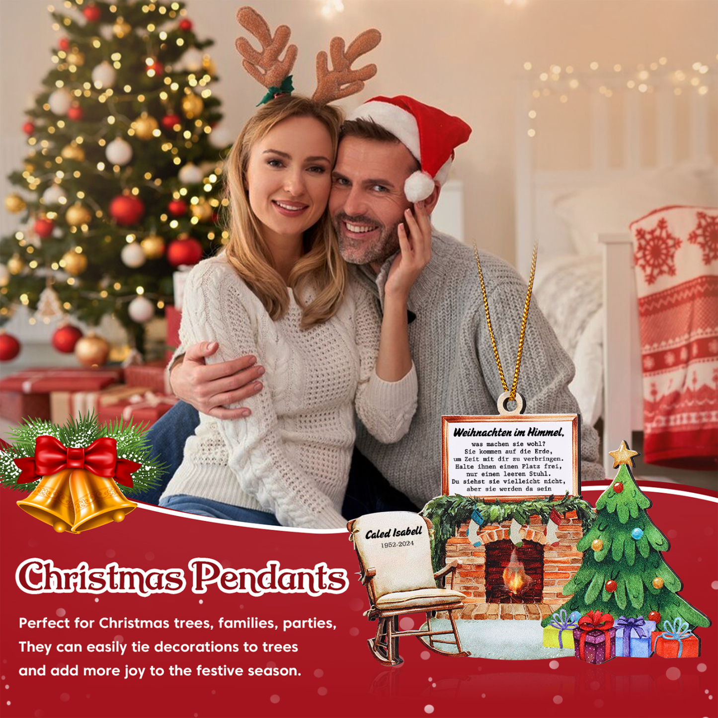 Holz Weihnachtsornament - Personalisierter 1 Name & Datum mit Kamin & Weihnachtsbaum – Weihnachtliche Erinnerungsdekoration