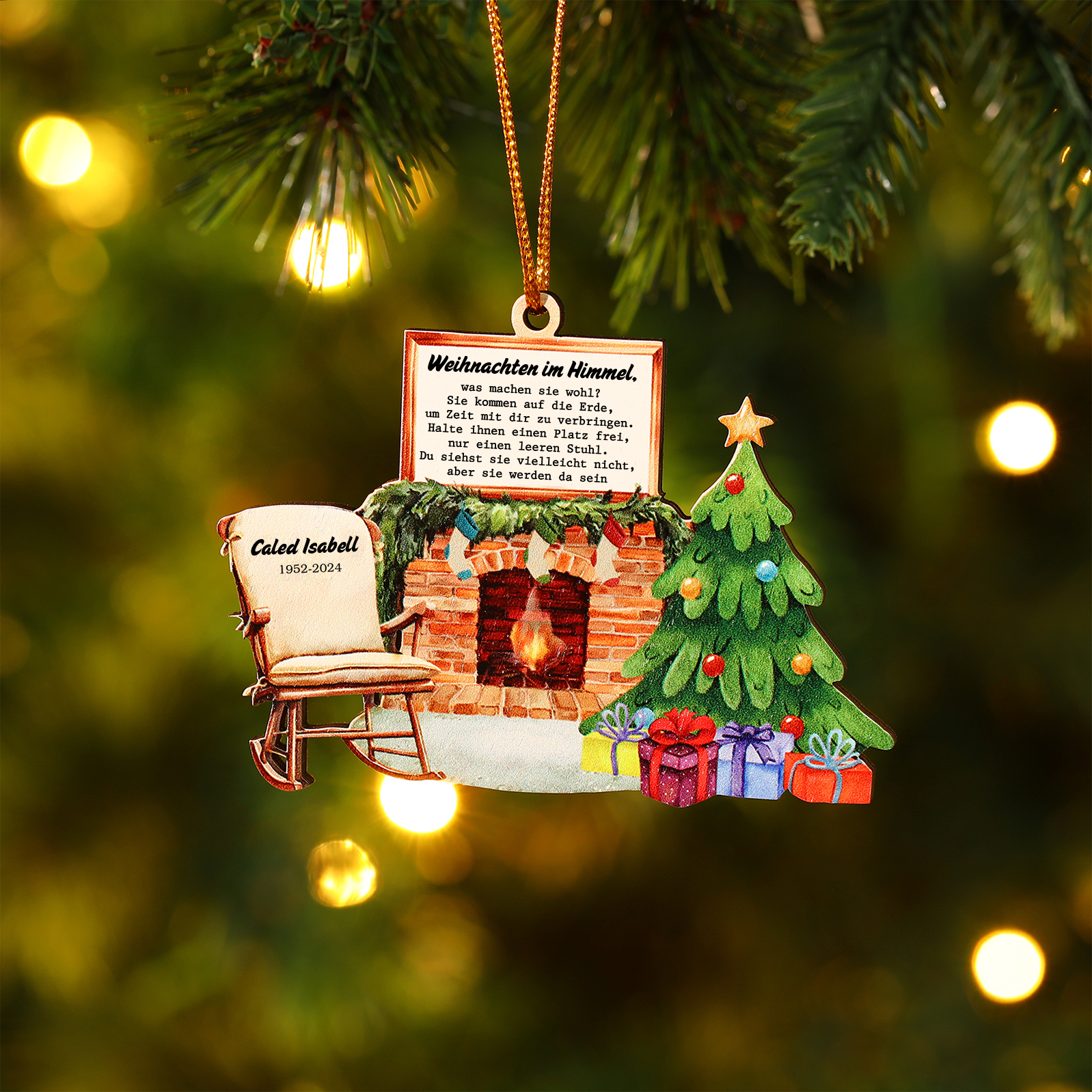 Holz Weihnachtsornament - Personalisierter 1 Name & Datum mit Kamin & Weihnachtsbaum – Weihnachtliche Erinnerungsdekoration