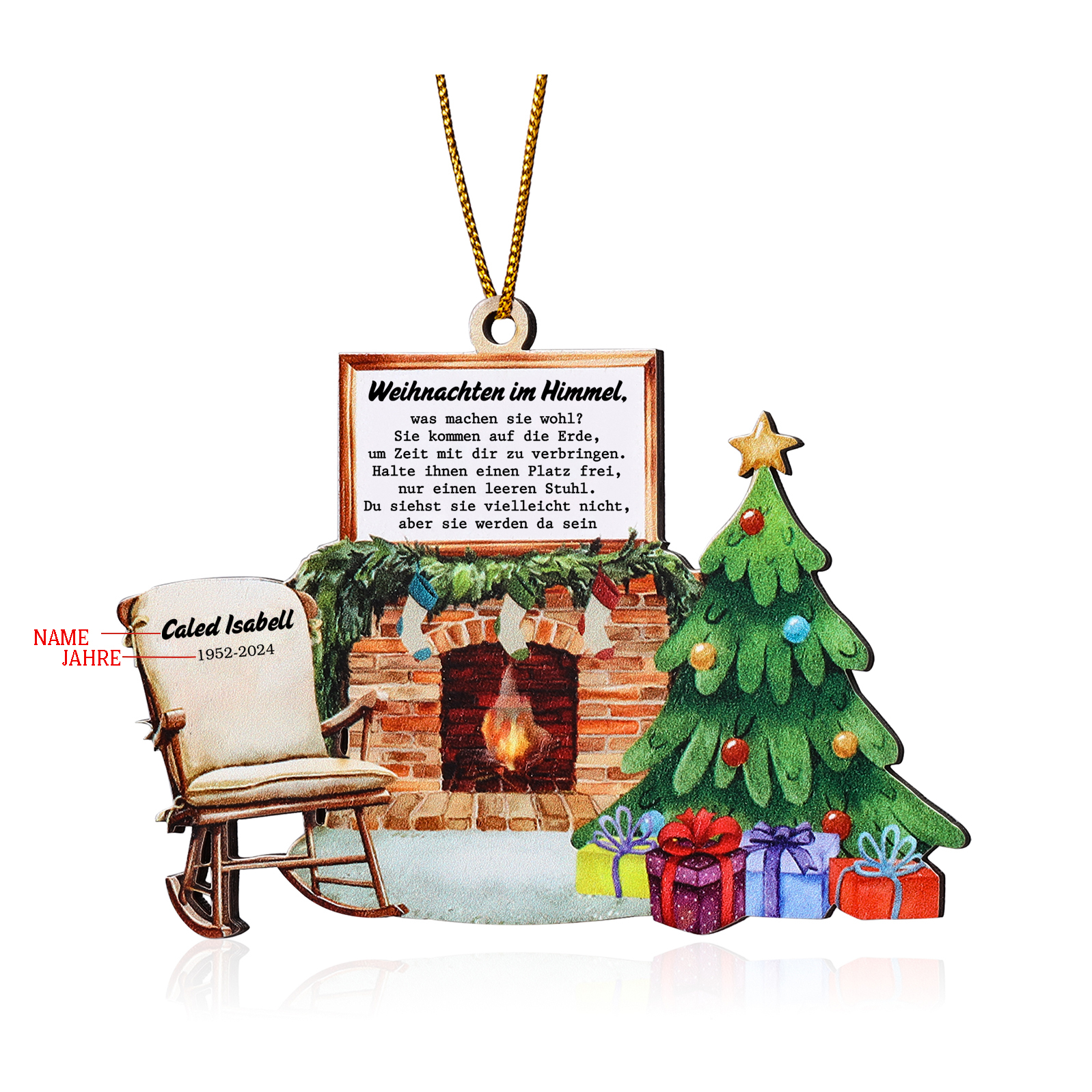 Holz Weihnachtsornament - Personalisierter 1 Name & Datum mit Kamin & Weihnachtsbaum – Weihnachtliche Erinnerungsdekoration