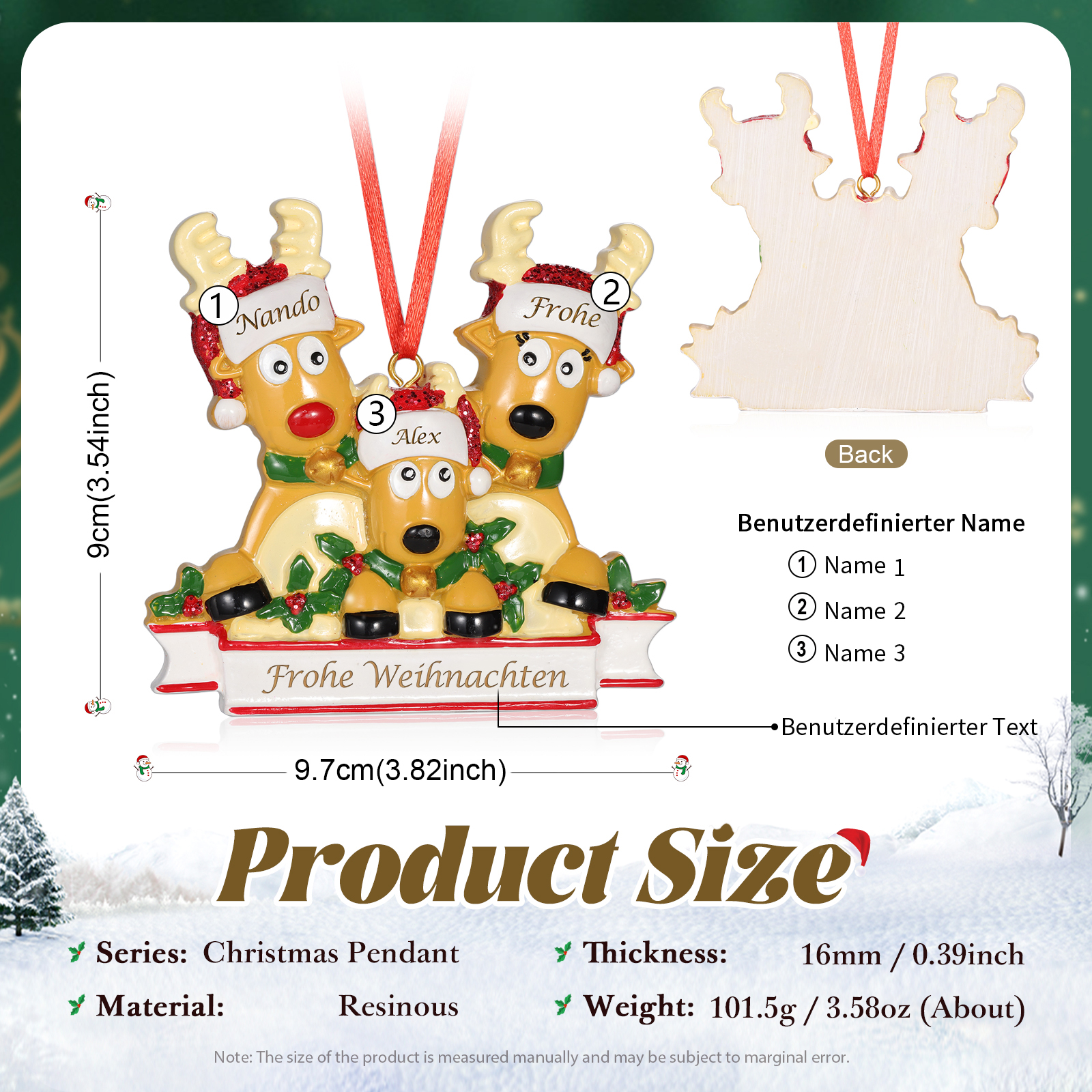 Harz Weihnachtsornament-Personalisierte 2-6 Namen & Text Rentier-Weihnachtsanhänger - Festliche Weihnachtsdekoration 
