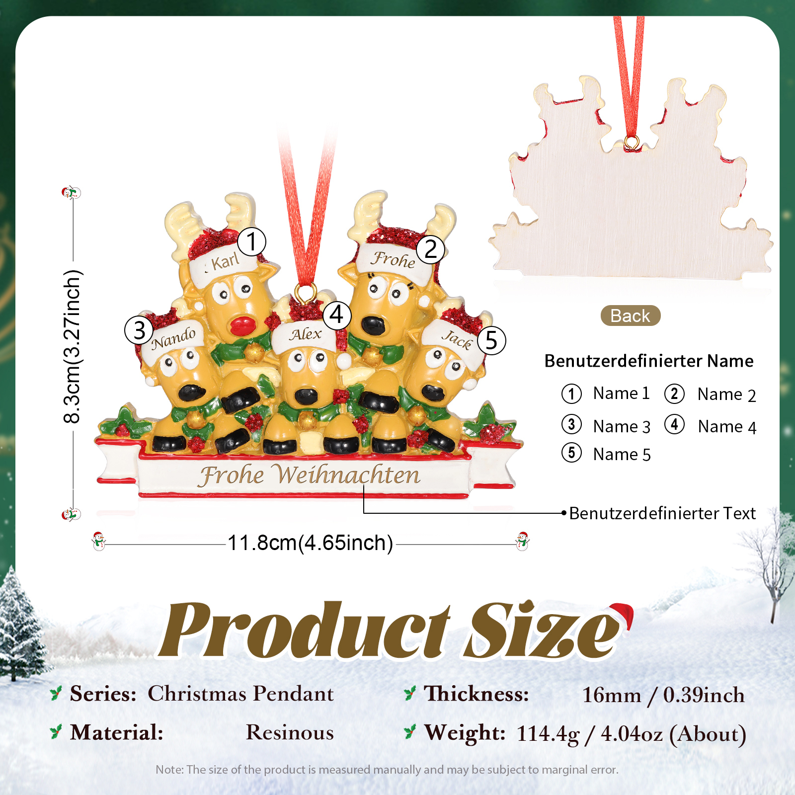 Harz Weihnachtsornament-Personalisierte 2-6 Namen & Text Rentier-Weihnachtsanhänger - Festliche Weihnachtsdekoration 