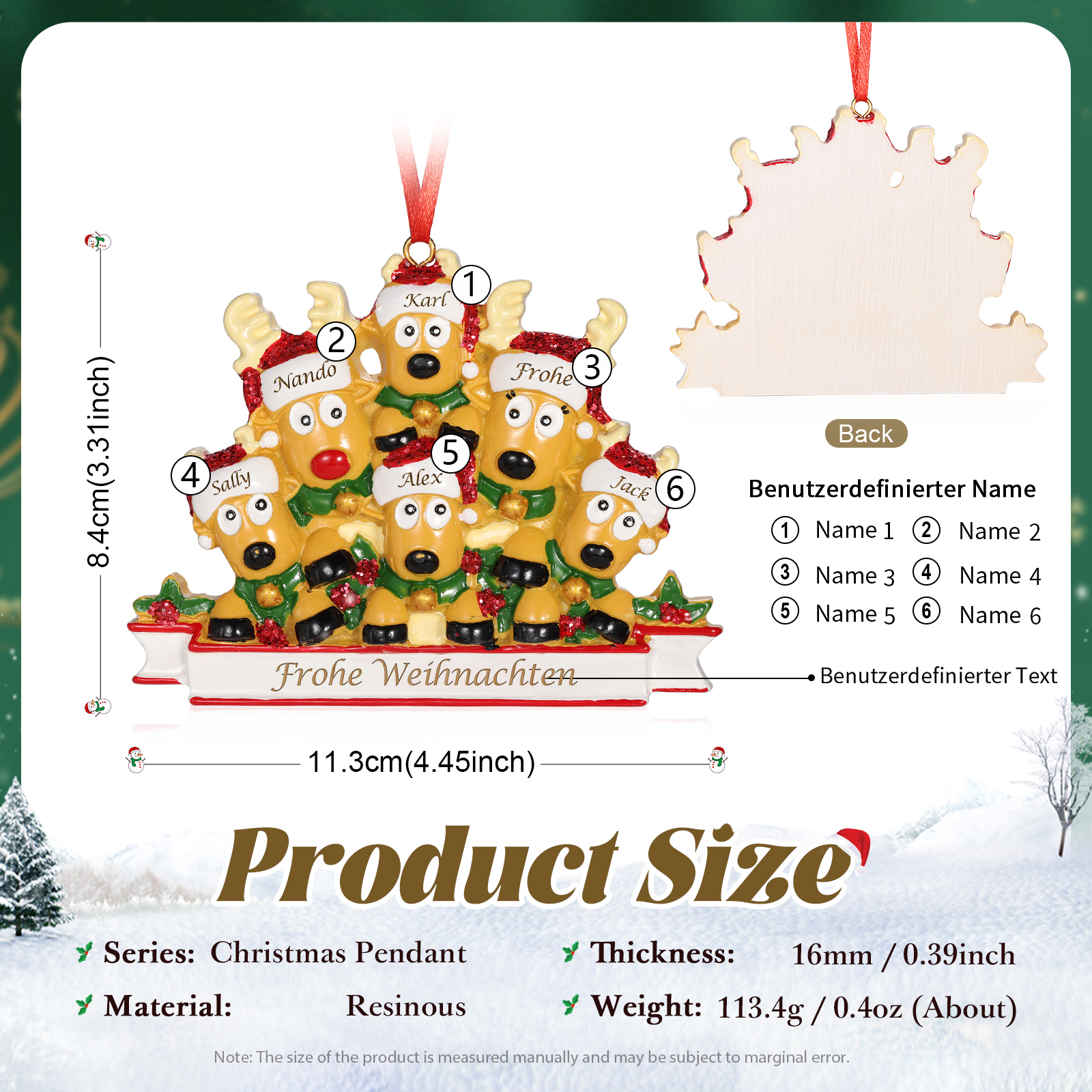 Harz Weihnachtsornament-Personalisierte 2-6 Namen & Text Rentier-Weihnachtsanhänger - Festliche Weihnachtsdekoration 