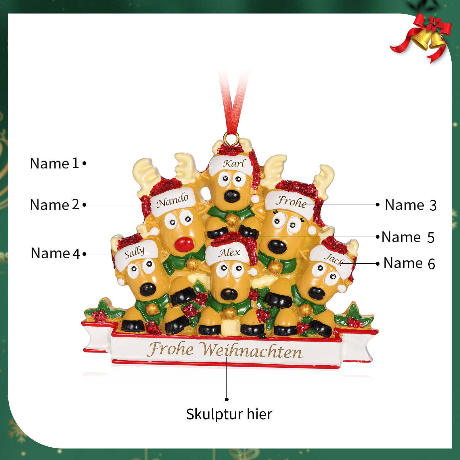 Harz Weihnachtsornament-Personalisierte 2-6 Namen & Text Rentier-Weihnachtsanhänger - Festliche Weihnachtsdekoration 