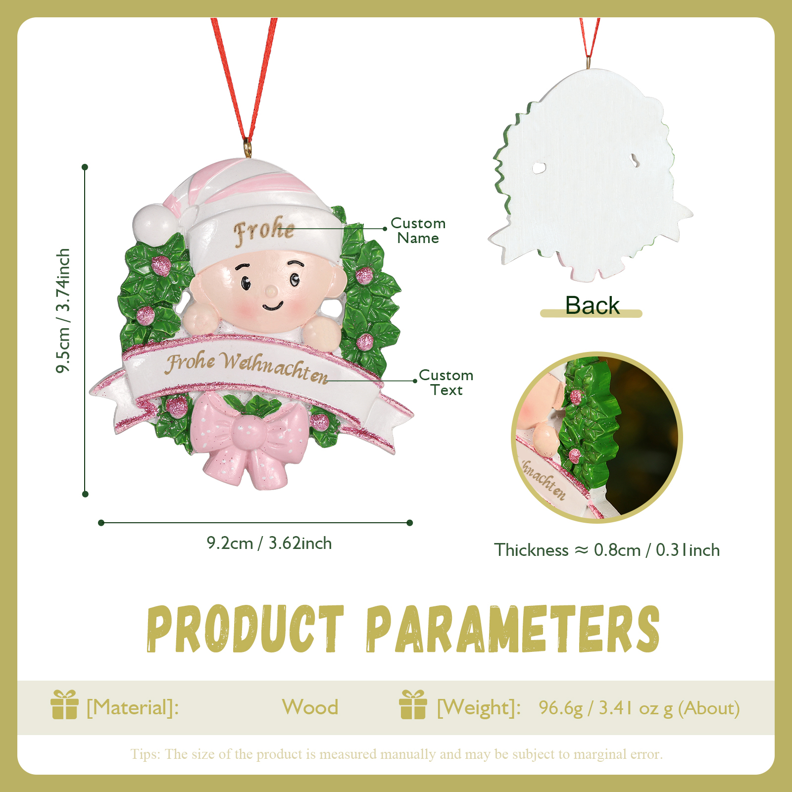 Harz Personalisierter 1 Name &1 Text Weihnachtsornament mit süßem Baby  – Weihnachtsbaum-Anhänger in Rot/ Rosa