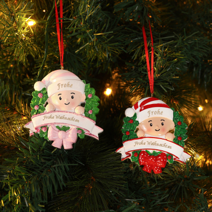 Harz Personalisierter 1 Name &1 Text Weihnachtsornament mit süßem Baby  – Weihnachtsbaum-Anhänger in Rot/ Rosa