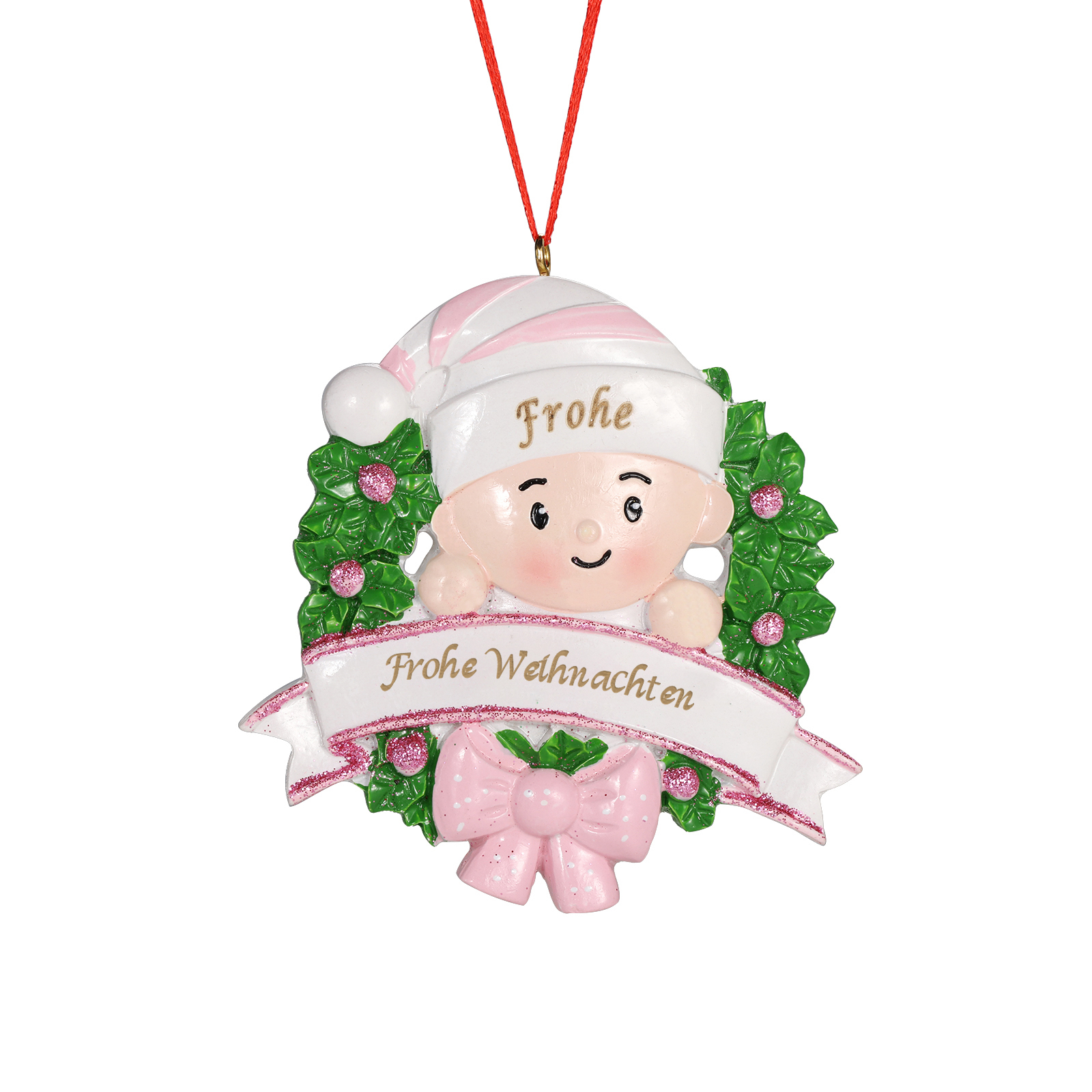 Harz Personalisierter 1 Name &1 Text Weihnachtsornament mit süßem Baby  – Weihnachtsbaum-Anhänger in Rot/ Rosa
