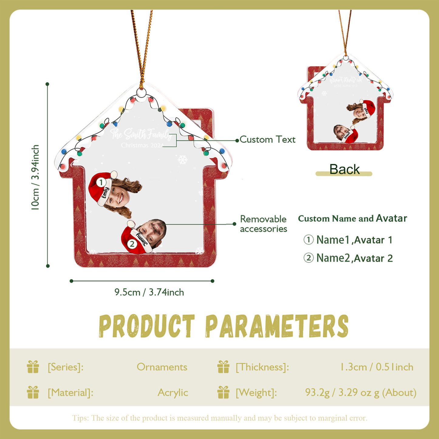 Holz Weihnachtsornament – Personalisierter Text & 2-6 Namen & 2-6 Avatare – Festliche Weihnachtsbaum-Dekoration