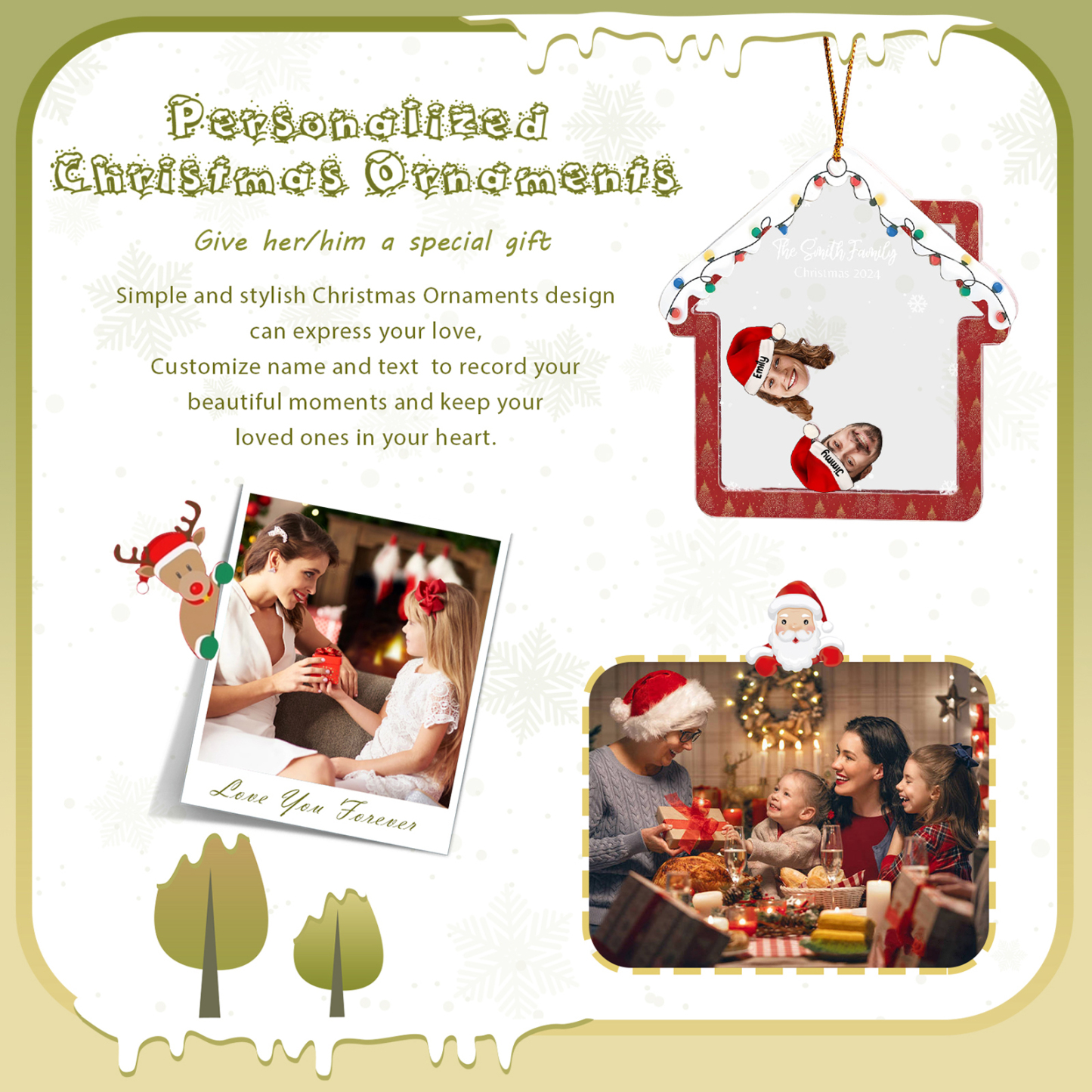 Holz Weihnachtsornament – Personalisierter Text & 2-6 Namen & 2-6 Avatare – Festliche Weihnachtsbaum-Dekoration