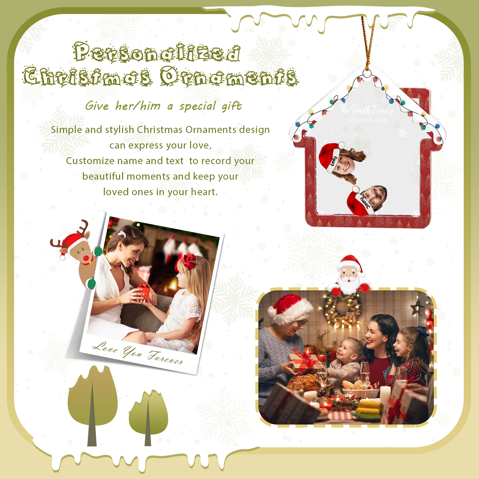 Holz Weihnachtsornament – Personalisierter Text & 2-6 Namen & 2-6 Avatare – Festliche Weihnachtsbaum-Dekoration