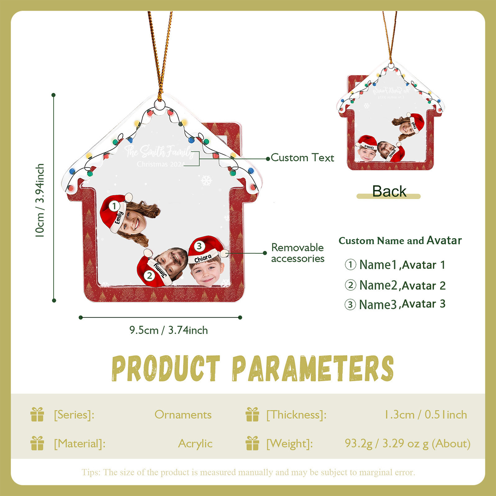 Holz Weihnachtsornament – Personalisierter Text & 2-6 Namen & 2-6 Avatare – Festliche Weihnachtsbaum-Dekoration