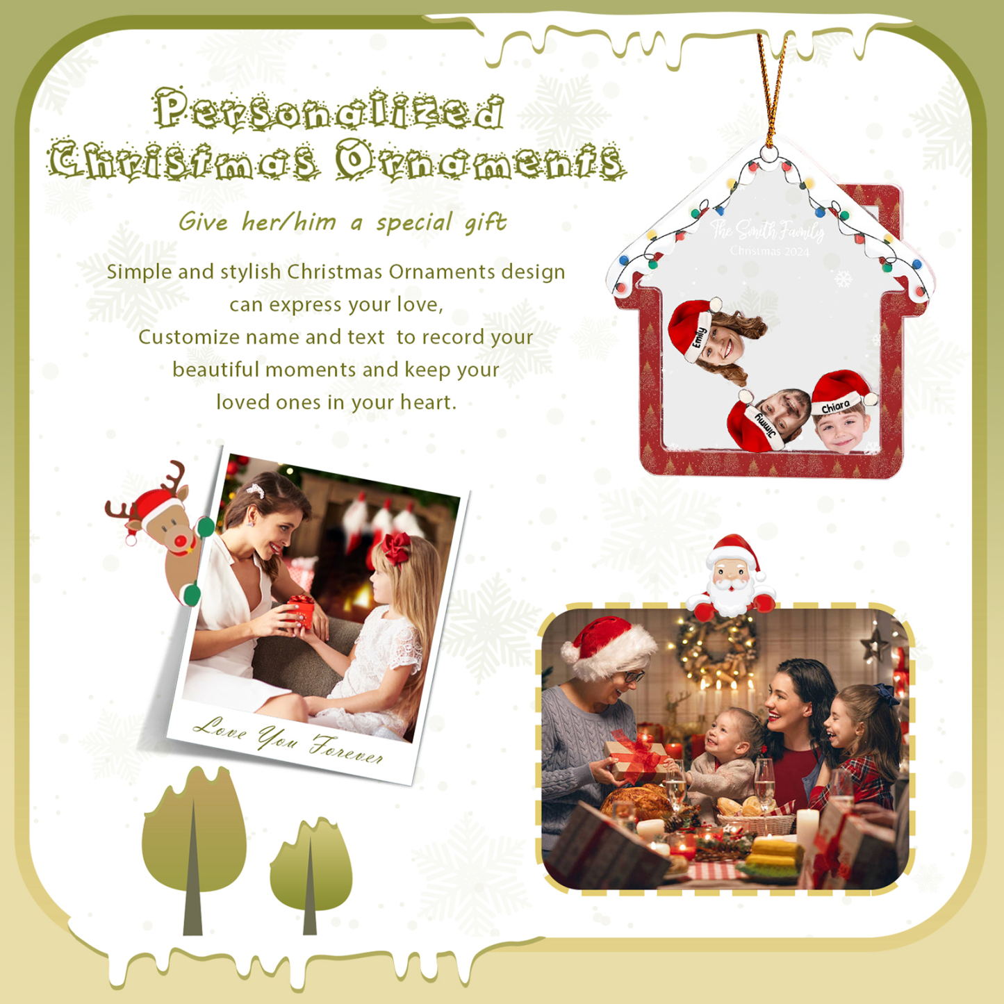 Holz Weihnachtsornament – Personalisierter Text & 2-6 Namen & 2-6 Avatare – Festliche Weihnachtsbaum-Dekoration