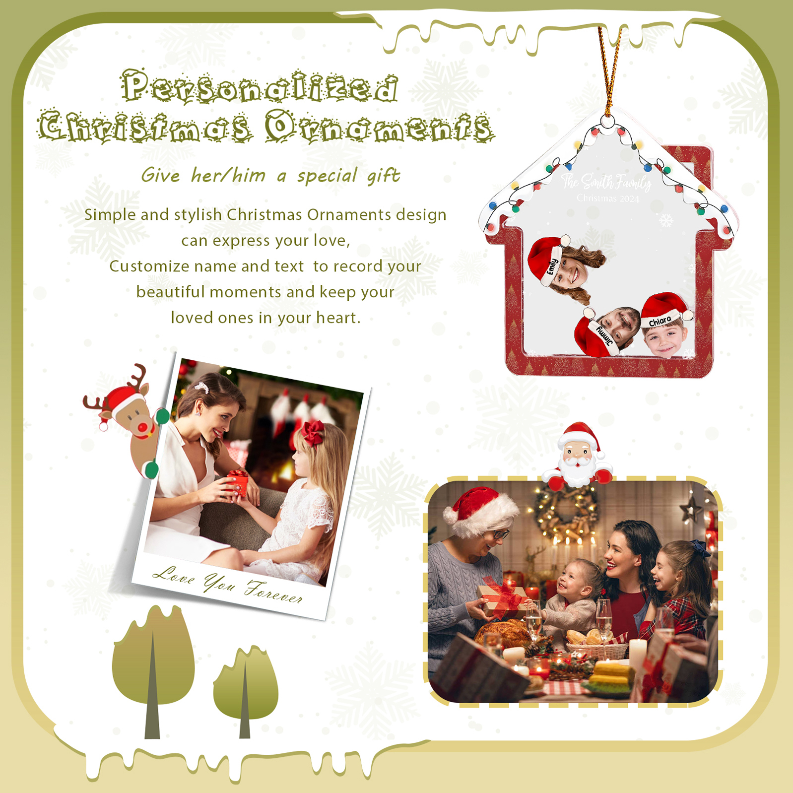 Holz Weihnachtsornament – Personalisierter Text & 2-6 Namen & 2-6 Avatare – Festliche Weihnachtsbaum-Dekoration