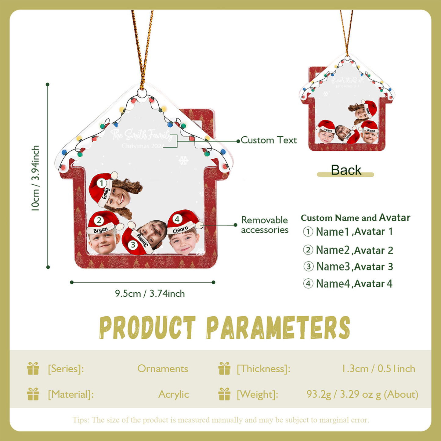 Holz Weihnachtsornament – Personalisierter Text & 2-6 Namen & 2-6 Avatare – Festliche Weihnachtsbaum-Dekoration