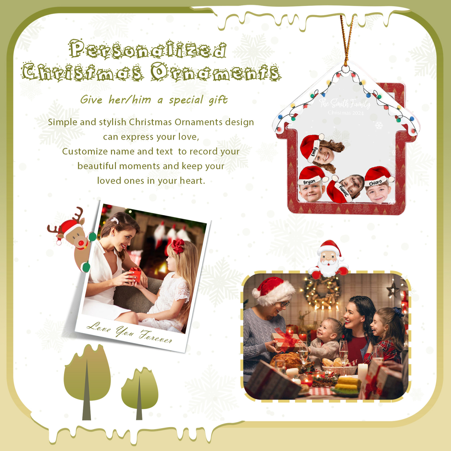 Holz Weihnachtsornament – Personalisierter Text & 2-6 Namen & 2-6 Avatare – Festliche Weihnachtsbaum-Dekoration 