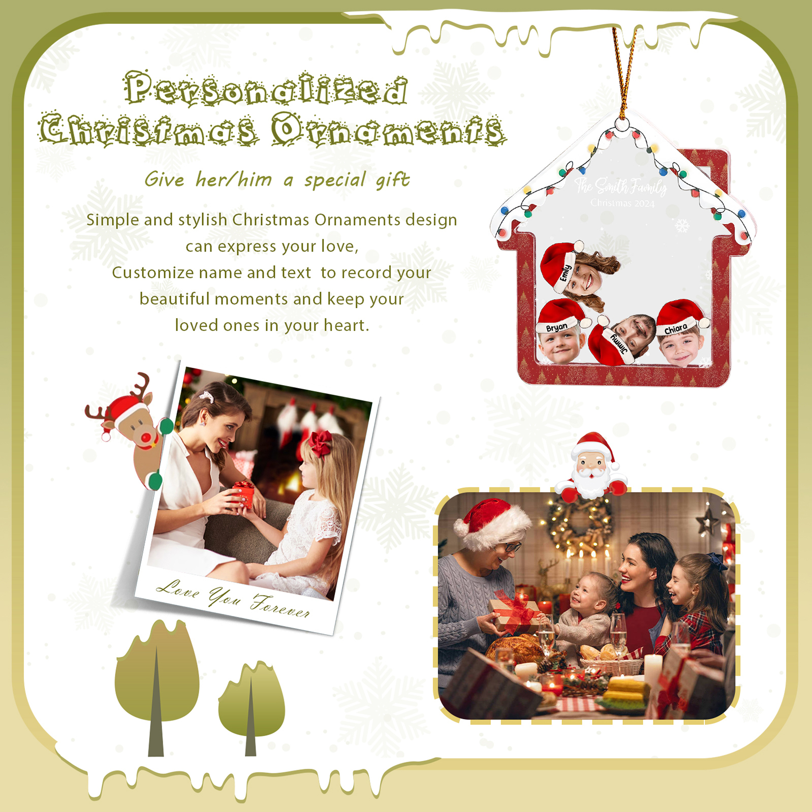 Holz Weihnachtsornament – Personalisierter Text & 2-6 Namen & 2-6 Avatare – Festliche Weihnachtsbaum-Dekoration