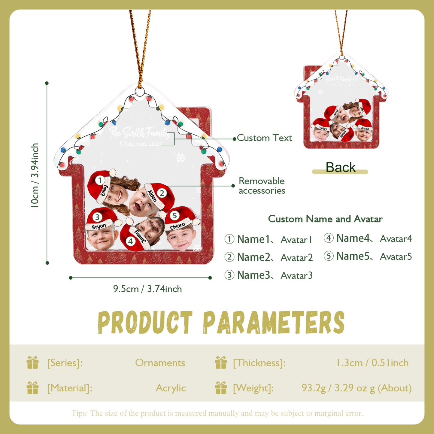 Holz Weihnachtsornament – Personalisierter Text & 2-6 Namen & 2-6 Avatare – Festliche Weihnachtsbaum-Dekoration