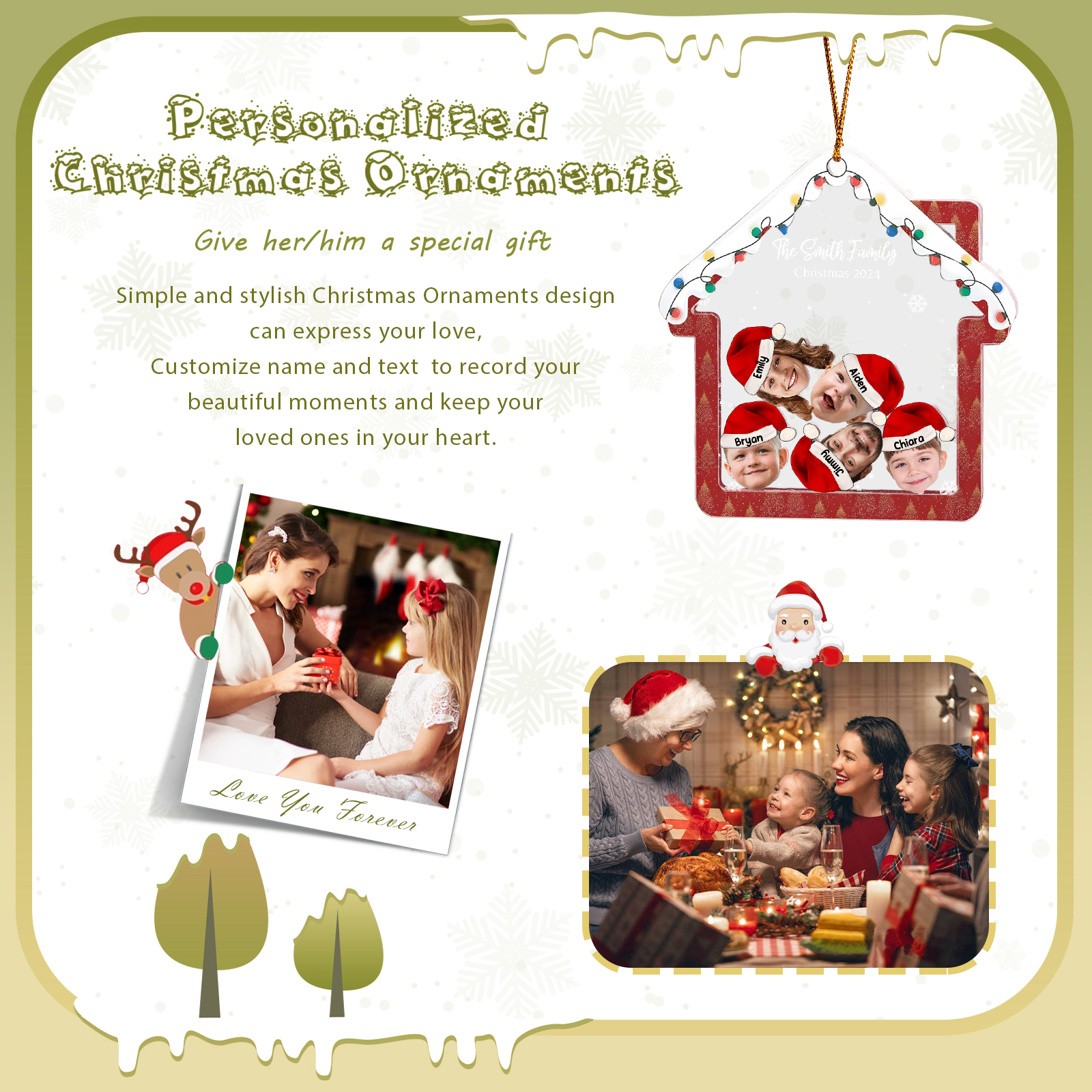 Holz Weihnachtsornament – Personalisierter Text & 2-6 Namen & 2-6 Avatare – Festliche Weihnachtsbaum-Dekoration