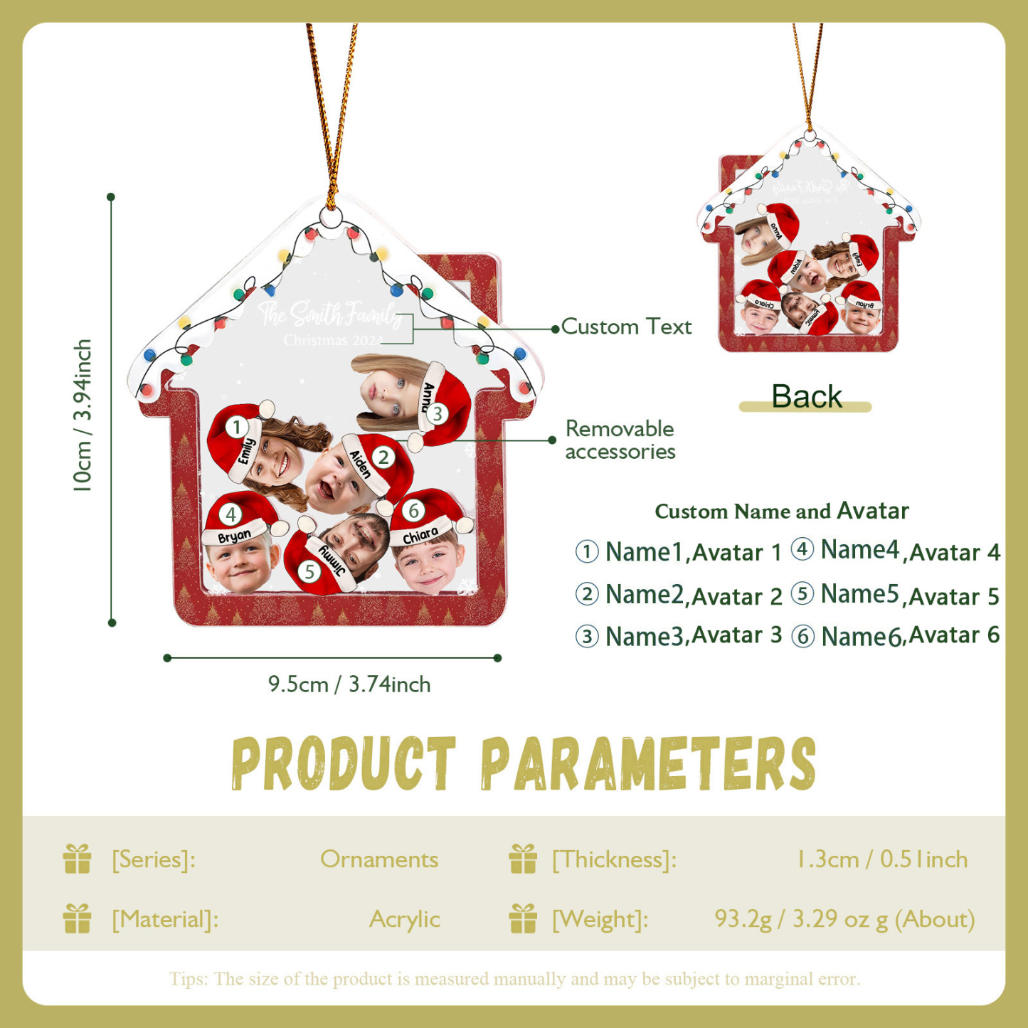 Holz Weihnachtsornament – Personalisierter Text & 2-6 Namen & 2-6 Avatare – Festliche Weihnachtsbaum-Dekoration