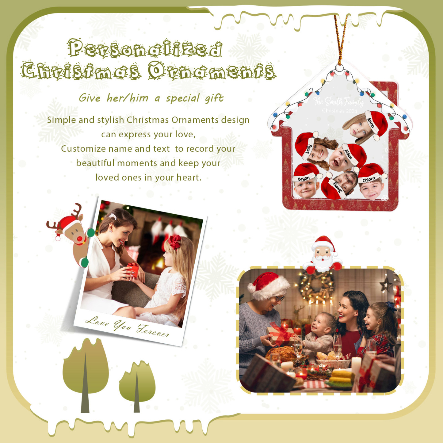Holz Weihnachtsornament – Personalisierter Text & 2-6 Namen & 2-6 Avatare – Festliche Weihnachtsbaum-Dekoration