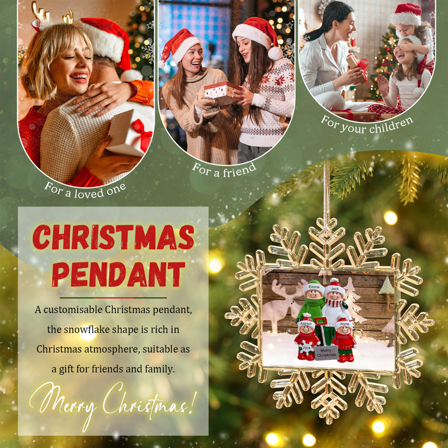 Kunststoff Weihnachtsornament-Personalisierte 2-6 Namen & Text & Jahr Schneeflocke Weihnachtsbaum Anhänger mit 2-6 Familienmitgliedern