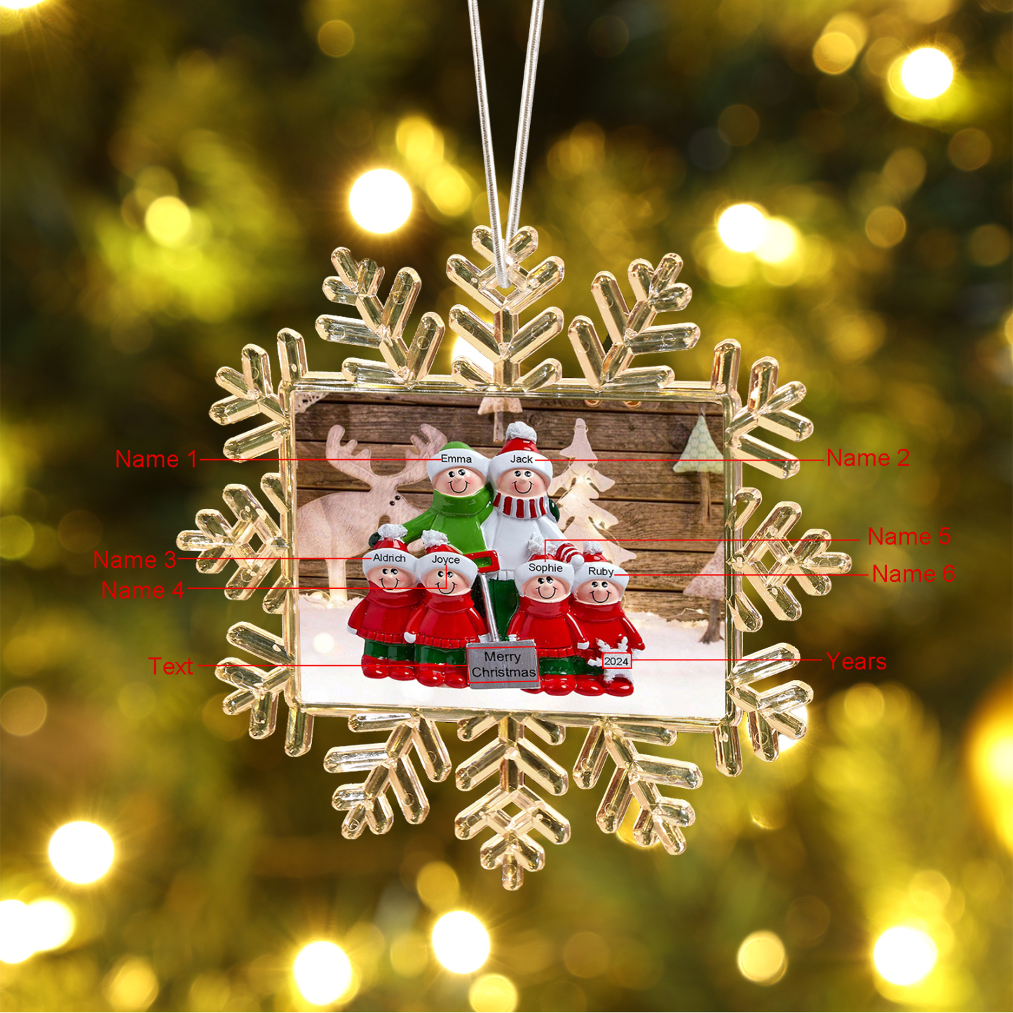 Kunststoff Weihnachtsornament-Personalisierte 2-6 Namen & Text & Jahr Schneeflocke Weihnachtsbaum Anhänger mit 2-6 Familienmitgliedern