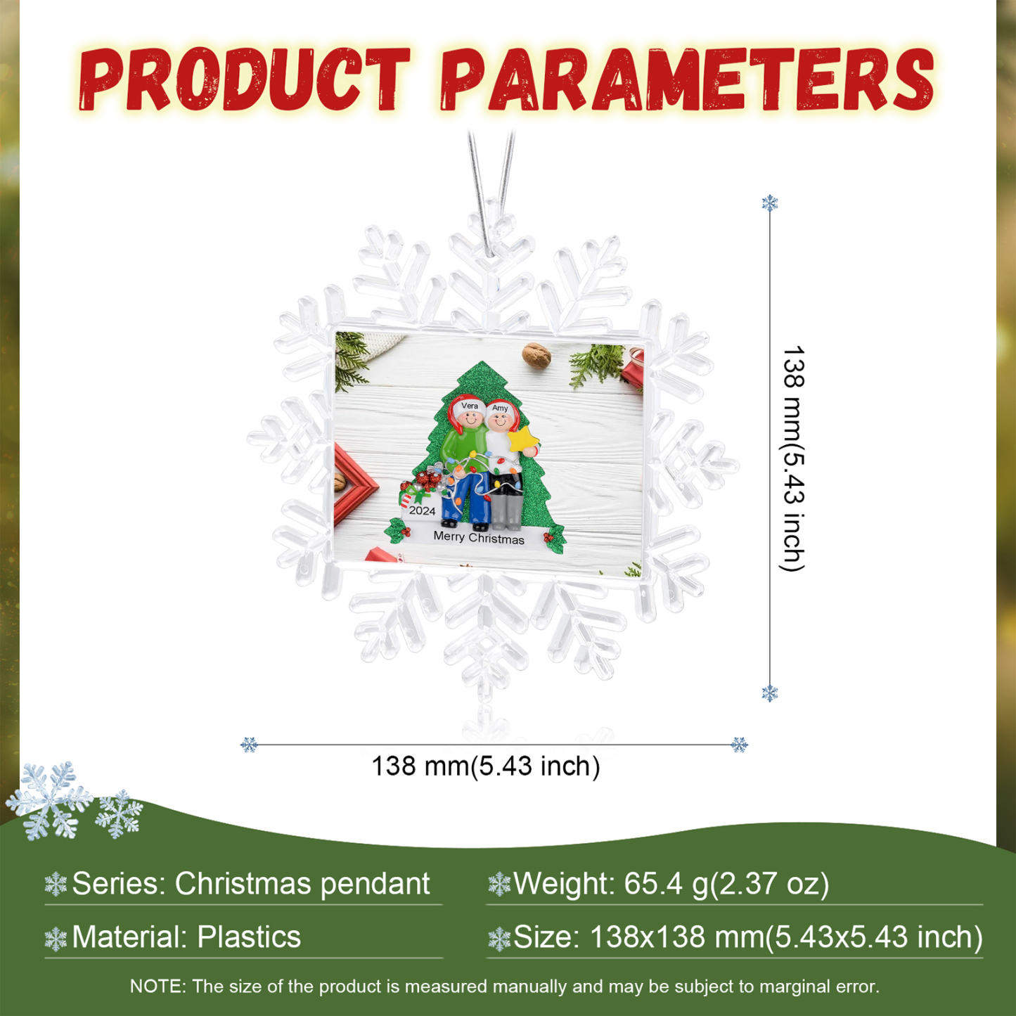 Kunststoff Weihnachtsornament-Personalisierte 2-5 Namen & Text & Jahr Schneeflocke Weihnachtsbaum Anhänger mit 2-5 Familienmitgliedern