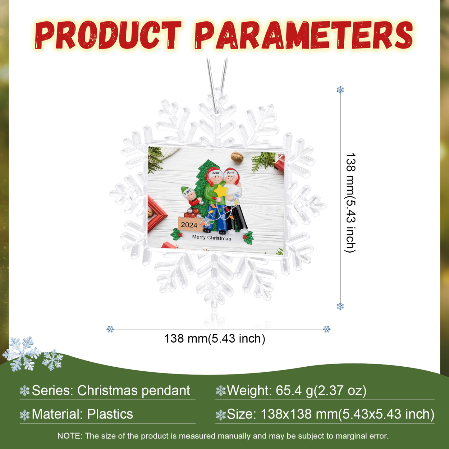 Kunststoff Weihnachtsornament-Personalisierte 2-5 Namen & Text & Jahr Schneeflocke Weihnachtsbaum Anhänger mit 2-5 Familienmitgliedern