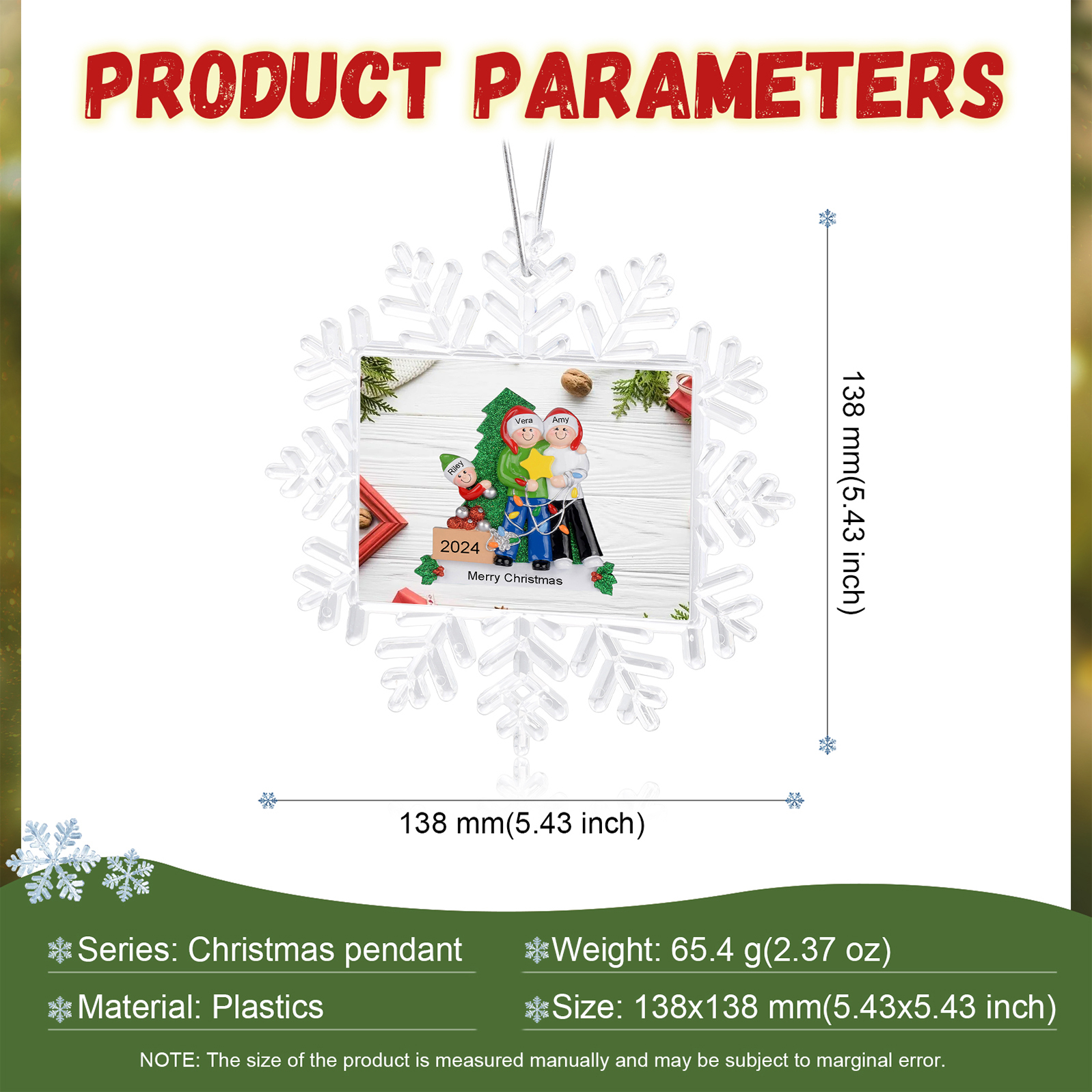 Kunststoff Weihnachtsornament-Personalisierte 2-5 Namen & Text & Jahr Schneeflocke Weihnachtsbaum Anhänger mit 2-5 Familienmitgliedern