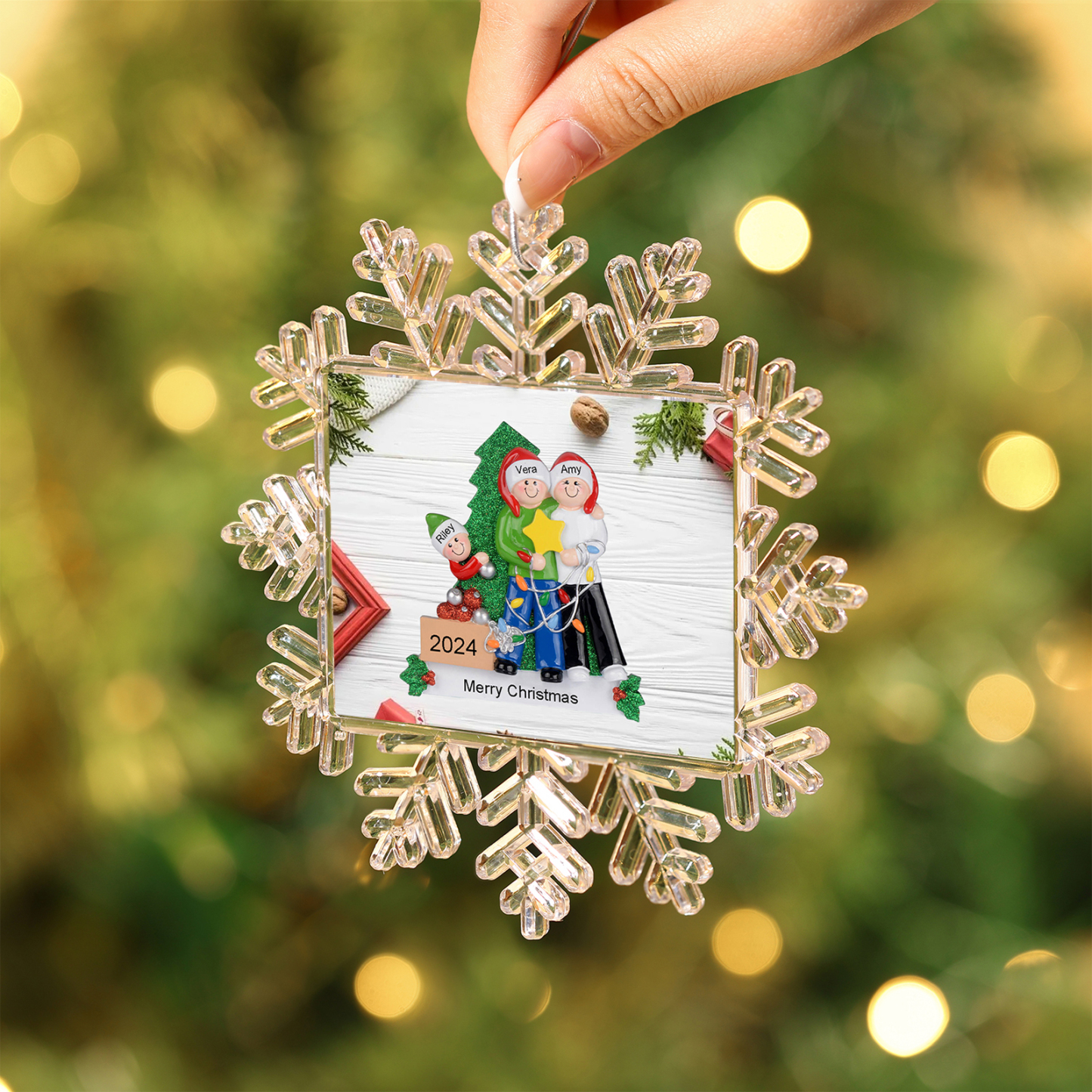 Kunststoff Weihnachtsornament-Personalisierte 2-5 Namen & Text & Jahr Schneeflocke Weihnachtsbaum Anhänger mit 2-5 Familienmitgliedern