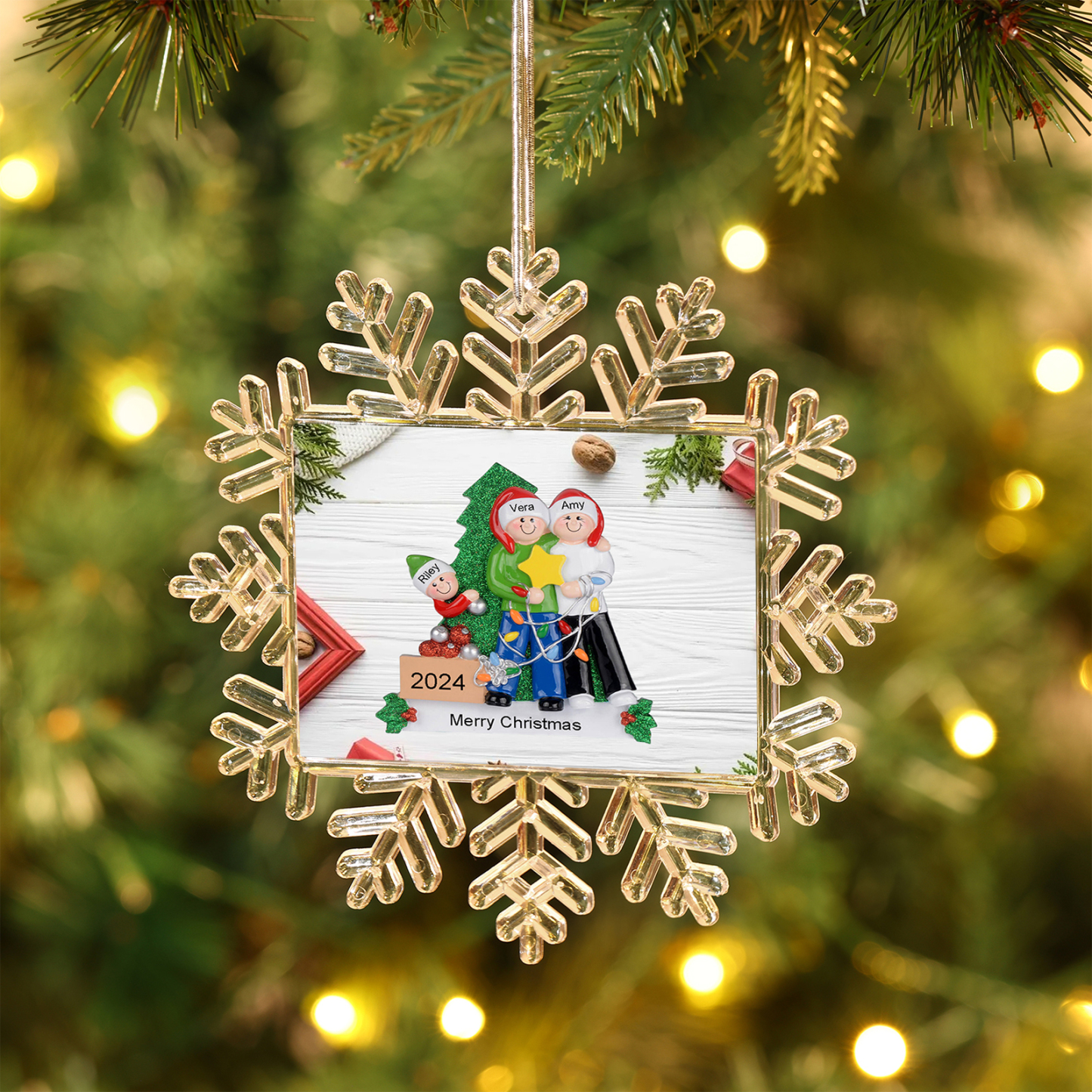 Kunststoff Weihnachtsornament-Personalisierte 2-5 Namen & Text & Jahr Schneeflocke Weihnachtsbaum Anhänger mit 2-5 Familienmitgliedern