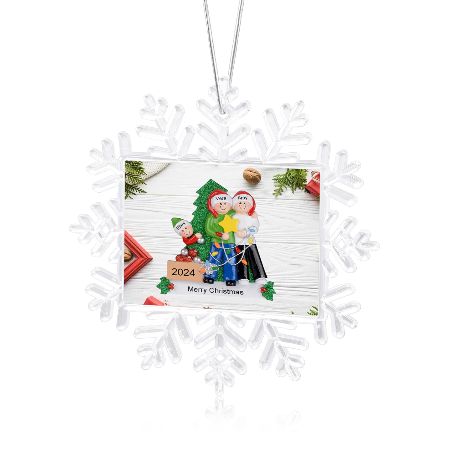Kunststoff Weihnachtsornament-Personalisierte 2-5 Namen & Text & Jahr Schneeflocke Weihnachtsbaum Anhänger mit 2-5 Familienmitgliedern