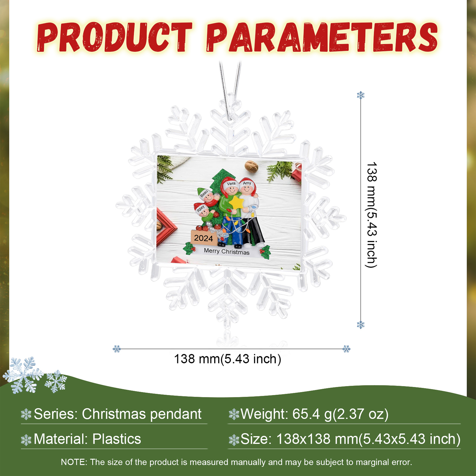 Kunststoff Weihnachtsornament-Personalisierte 2-5 Namen & Text & Jahr Schneeflocke Weihnachtsbaum Anhänger mit 2-5 Familienmitgliedern