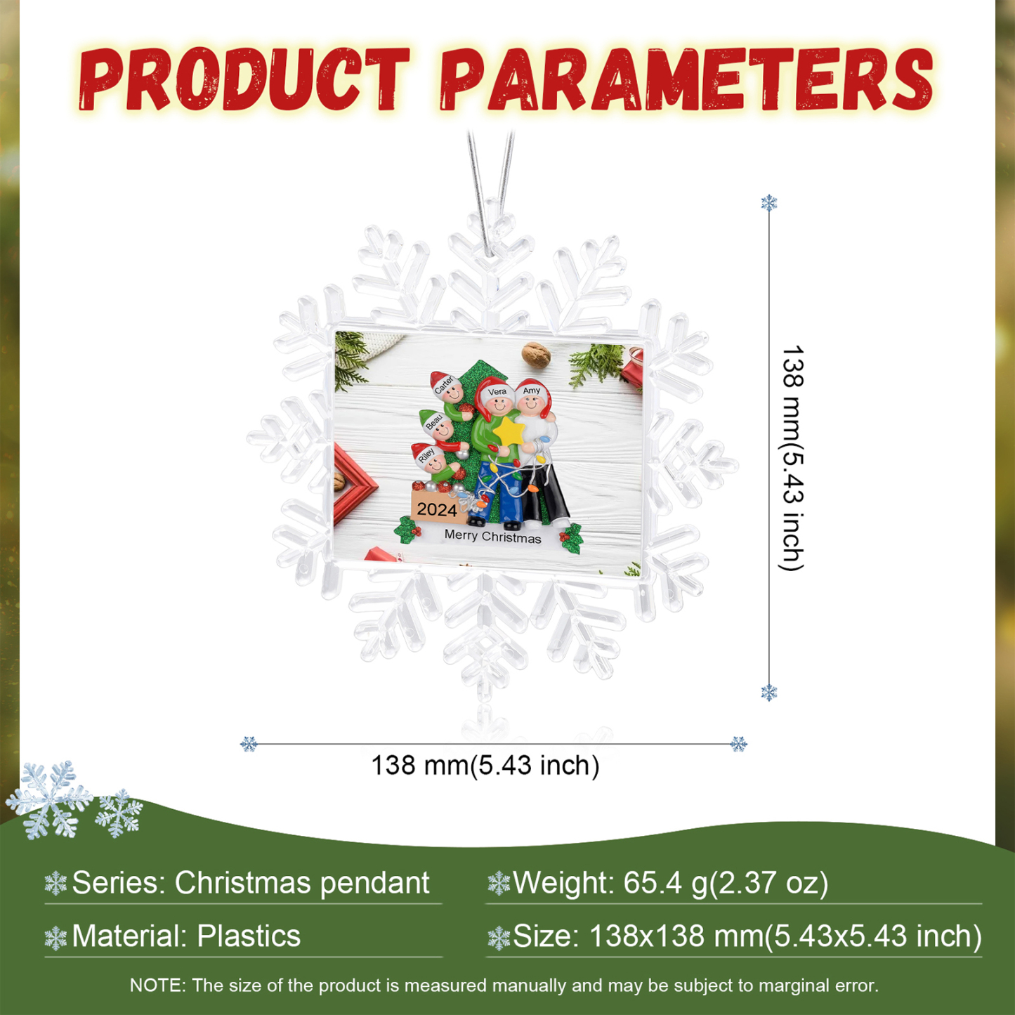 Kunststoff Weihnachtsornament-Personalisierte 2-5 Namen & Text & Jahr Schneeflocke Weihnachtsbaum Anhänger mit 2-5 Familienmitgliedern