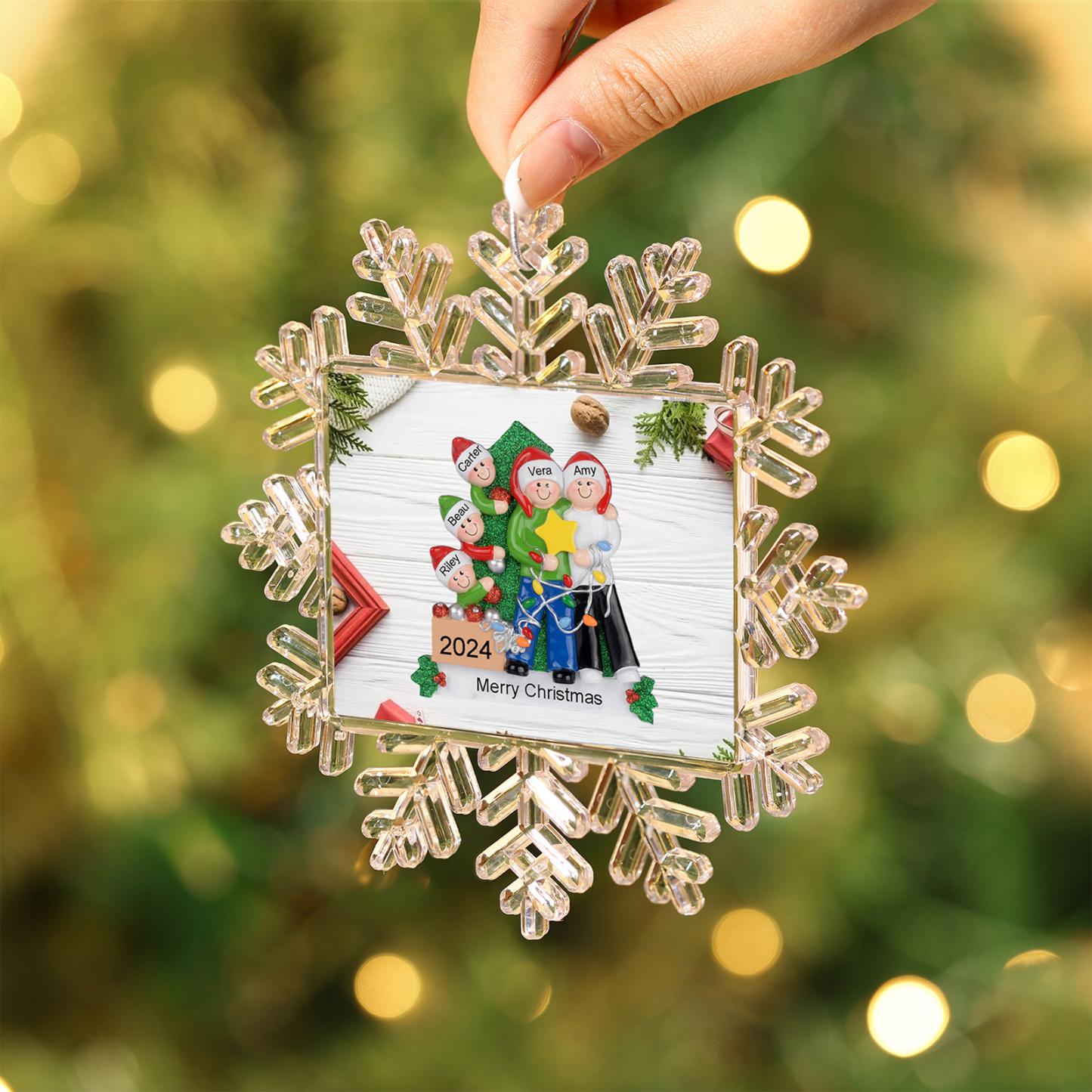 Kunststoff Weihnachtsornament-Personalisierte 2-5 Namen & Text & Jahr Schneeflocke Weihnachtsbaum Anhänger mit 2-5 Familienmitgliedern