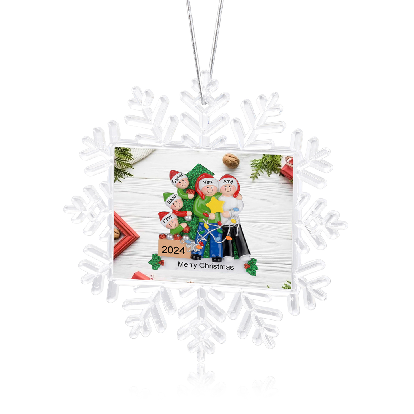 Kunststoff Weihnachtsornament-Personalisierte 2-5 Namen & Text & Jahr Schneeflocke Weihnachtsbaum Anhänger mit 2-5 Familienmitgliedern