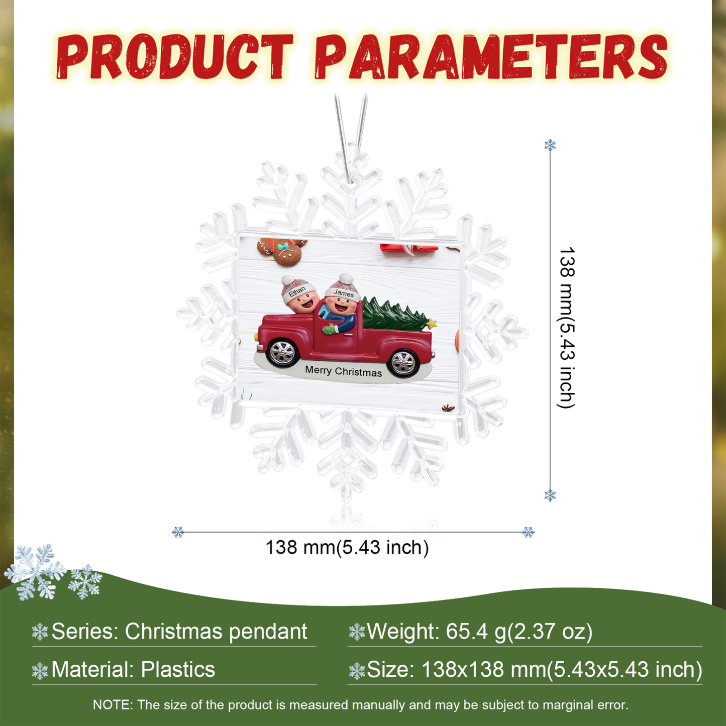 Kunststoff Weihnachtsornament – Personalisierte 2-6 Namen & Text Schneeflocke Weihnachtsbaum Anhänger mit 2-6 Familienmitgliedern im Auto