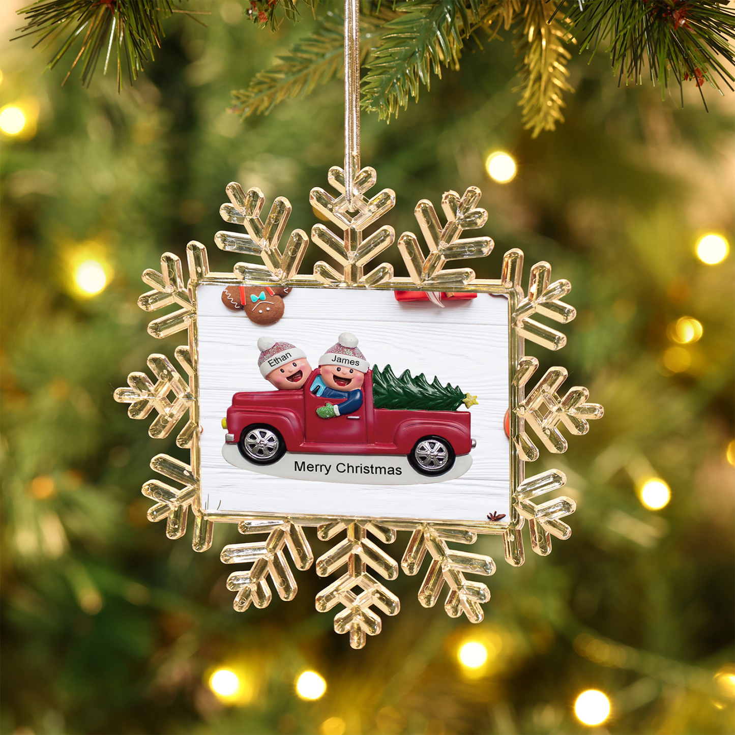 Kunststoff Weihnachtsornament – Personalisierte 2-6 Namen & Text Schneeflocke Weihnachtsbaum Anhänger mit 2-6 Familienmitgliedern im Auto