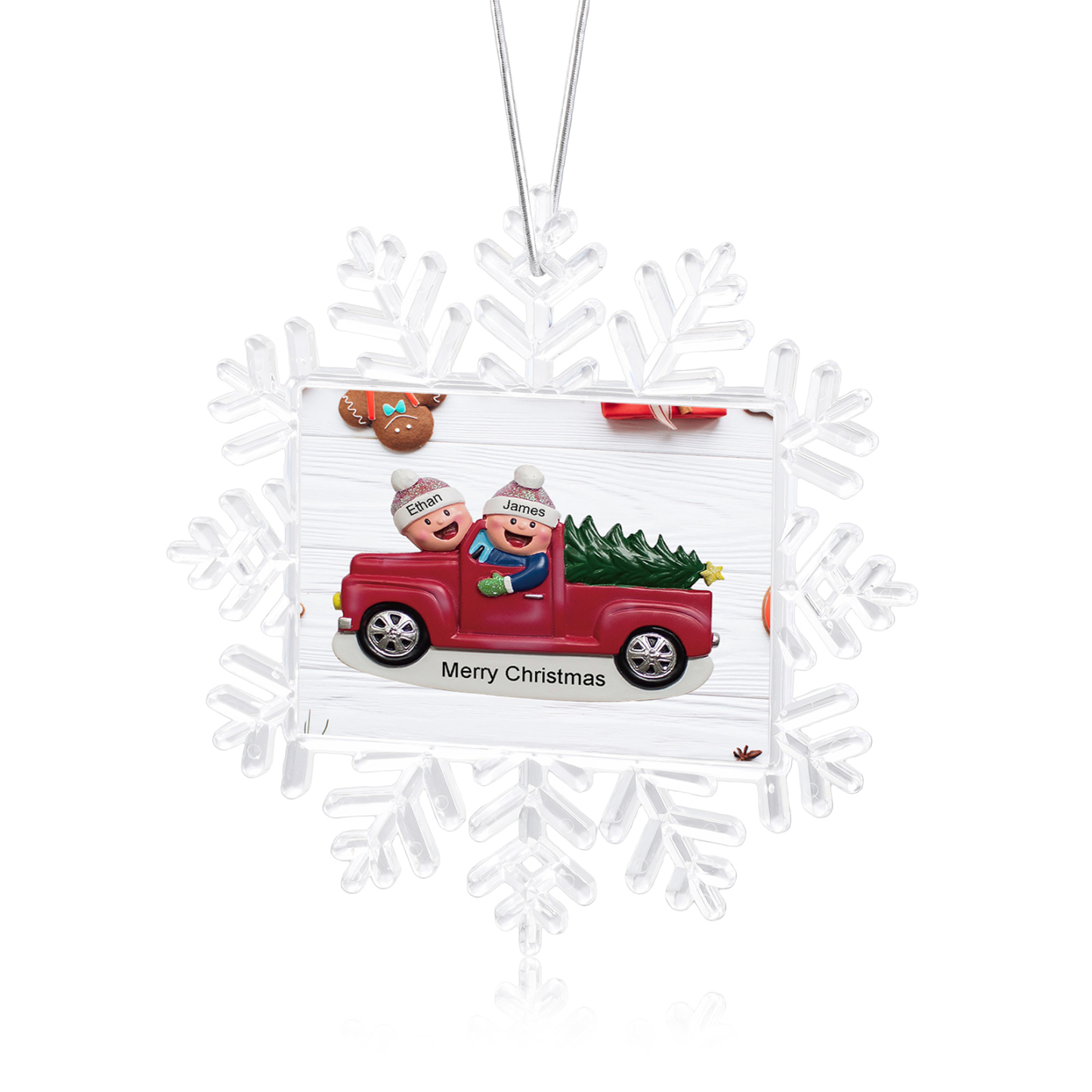 Kunststoff Weihnachtsornament – Personalisierte 2-6 Namen & Text Schneeflocke Weihnachtsbaum Anhänger mit 2-6 Familienmitgliedern im Auto