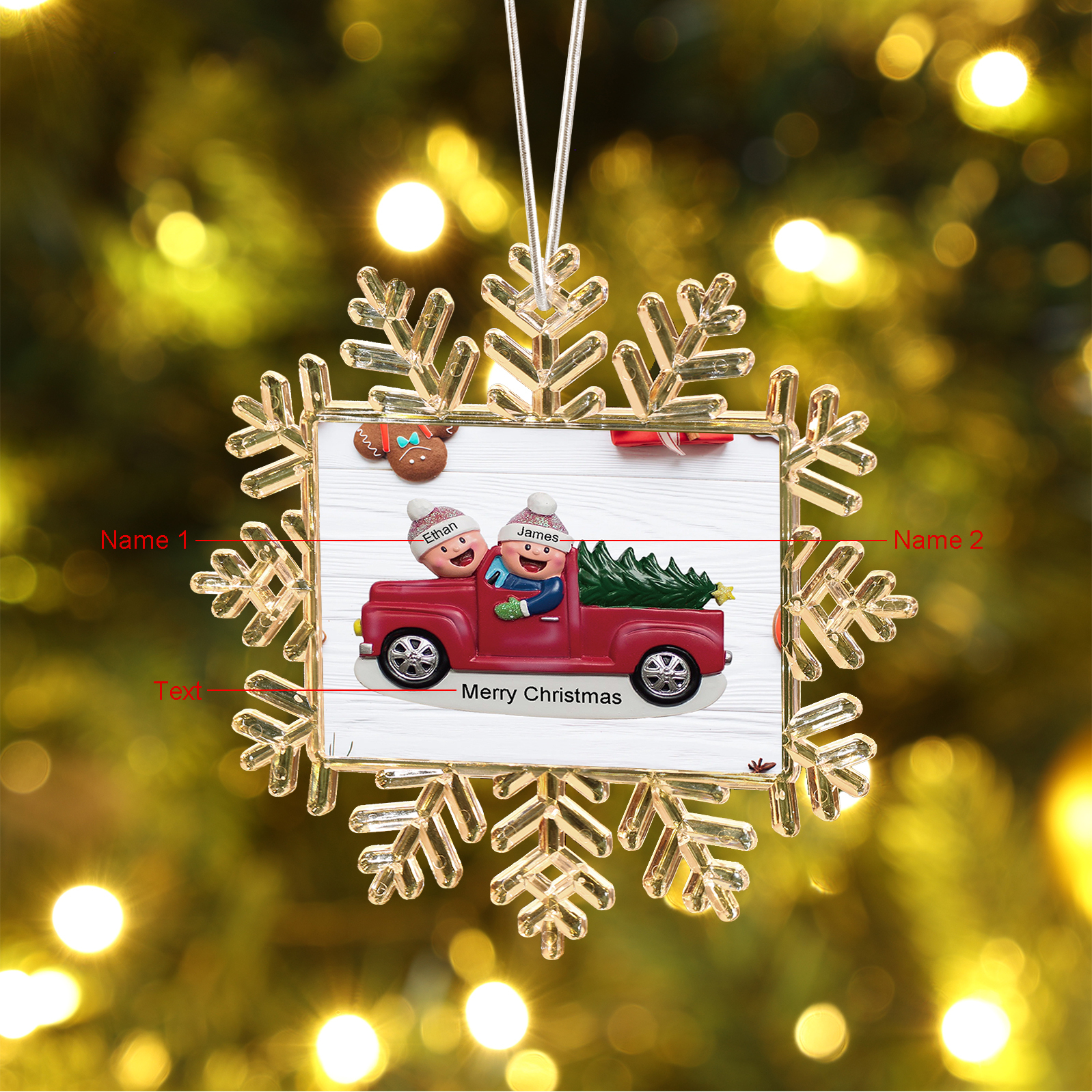 Kunststoff Weihnachtsornament – Personalisierte 2-6 Namen & Text Schneeflocke Weihnachtsbaum Anhänger mit 2-6 Familienmitgliedern im Auto