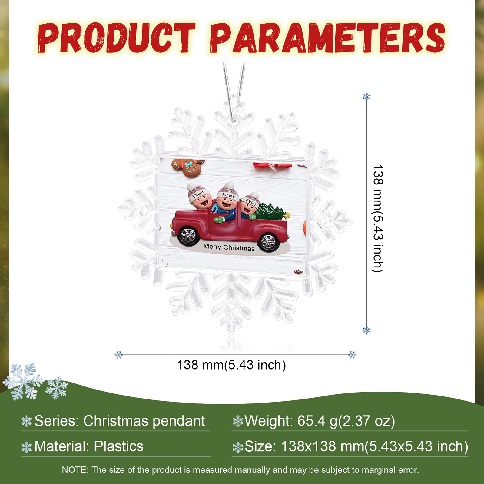 Kunststoff Weihnachtsornament – Personalisierte 2-6 Namen & Text Schneeflocke Weihnachtsbaum Anhänger mit 2-6 Familienmitgliedern im Auto