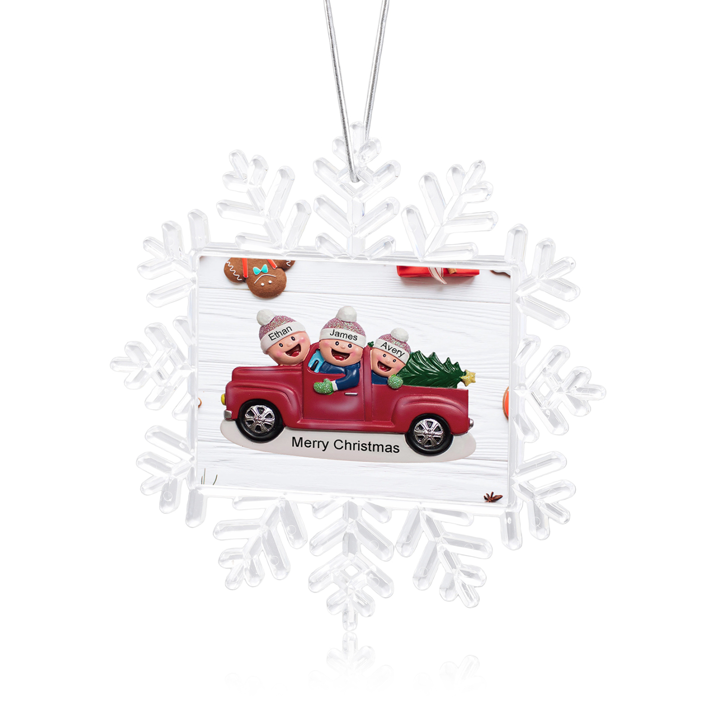 Kunststoff Weihnachtsornament – Personalisierte 2-6 Namen & Text Schneeflocke Weihnachtsbaum Anhänger mit 2-6 Familienmitgliedern im Auto