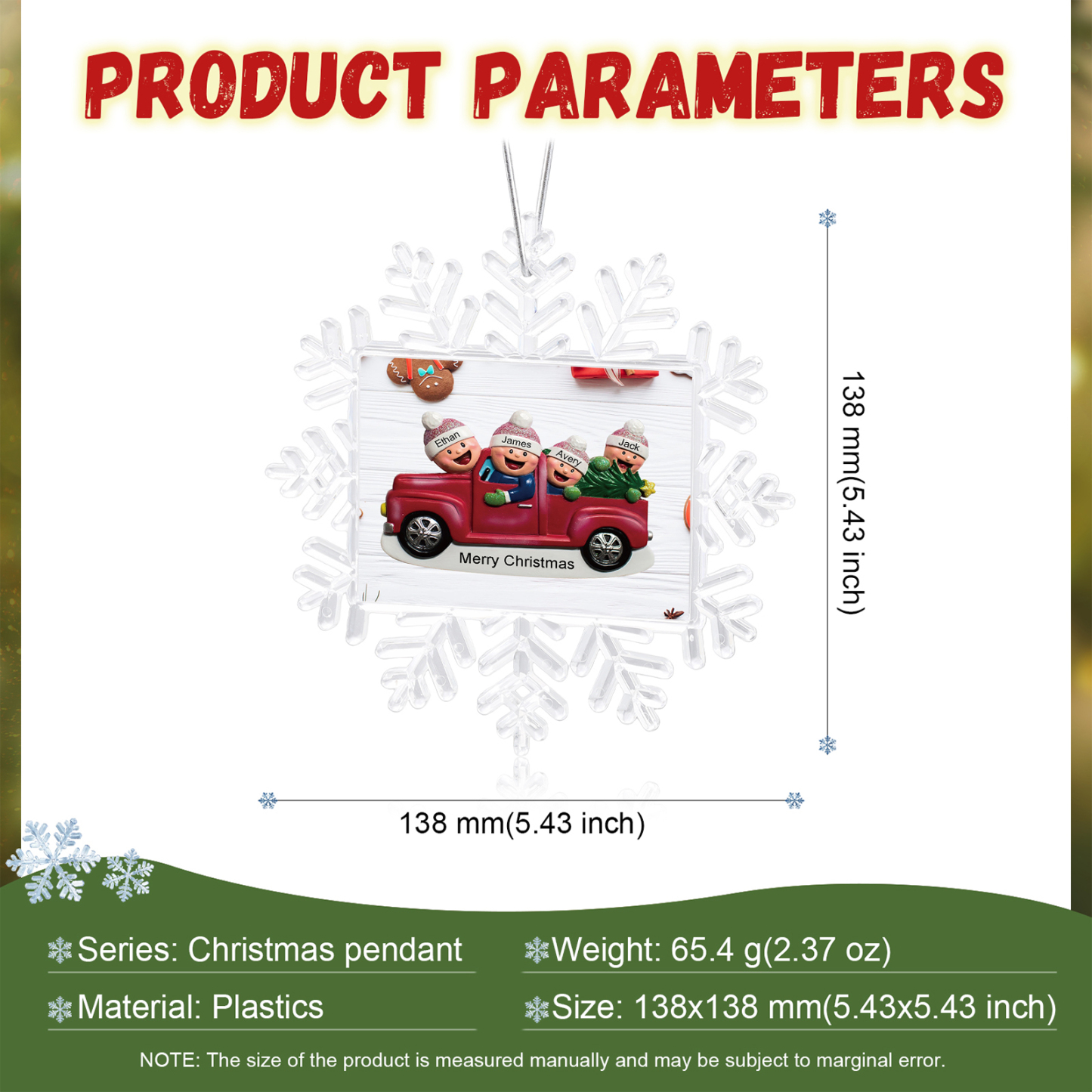 Kunststoff Weihnachtsornament – Personalisierte 2-6 Namen & Text Schneeflocke Weihnachtsbaum Anhänger mit 2-6 Familienmitgliedern im Auto