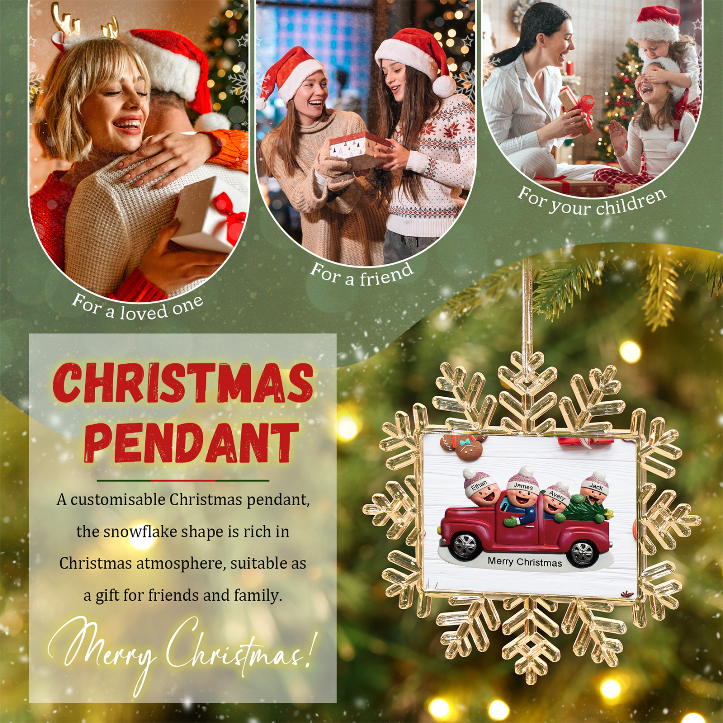 Kunststoff Weihnachtsornament – Personalisierte 2-6 Namen & Text Schneeflocke Weihnachtsbaum Anhänger mit 2-6 Familienmitgliedern im Auto
