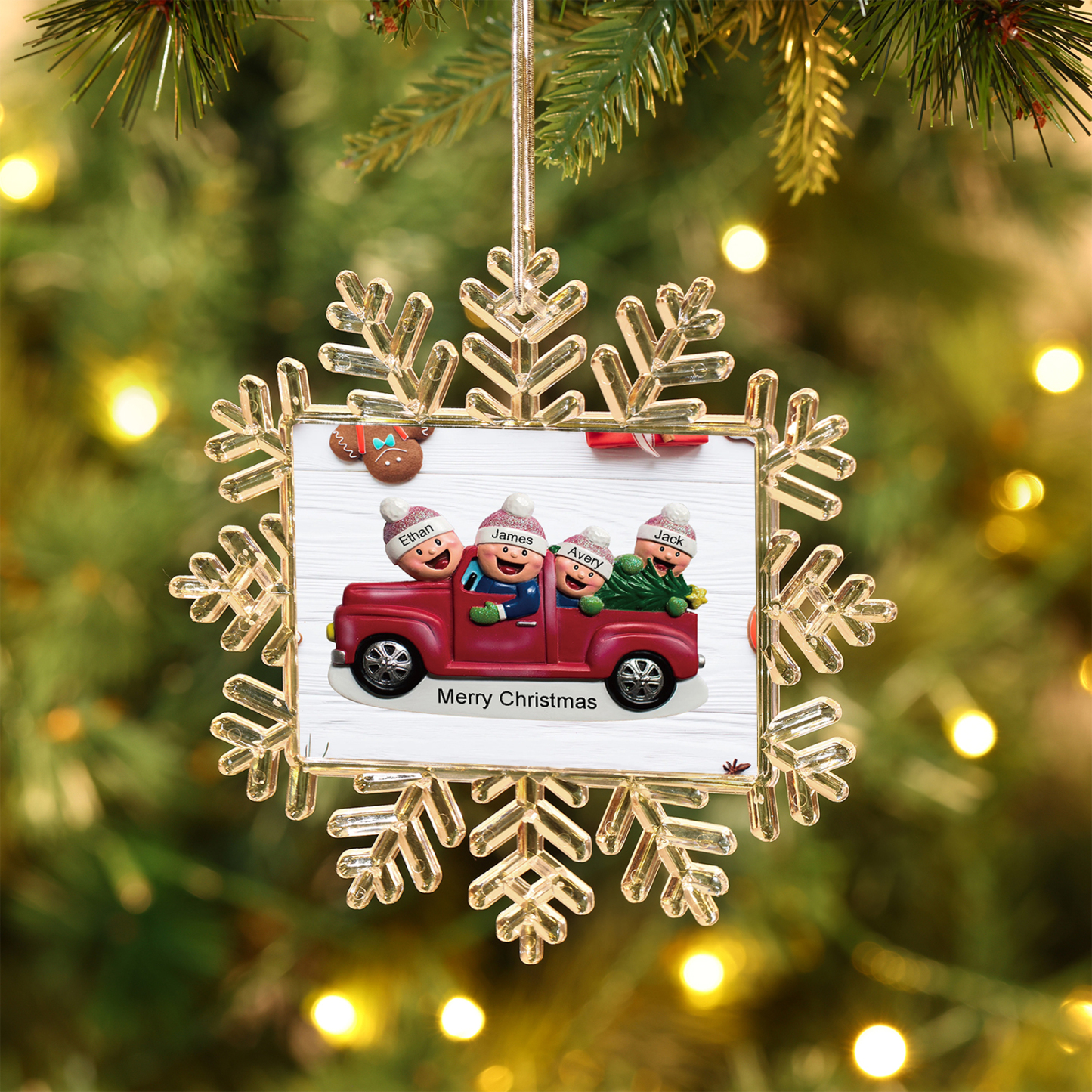 Kunststoff Weihnachtsornament – Personalisierte 2-6 Namen & Text Schneeflocke Weihnachtsbaum Anhänger mit 2-6 Familienmitgliedern im Auto