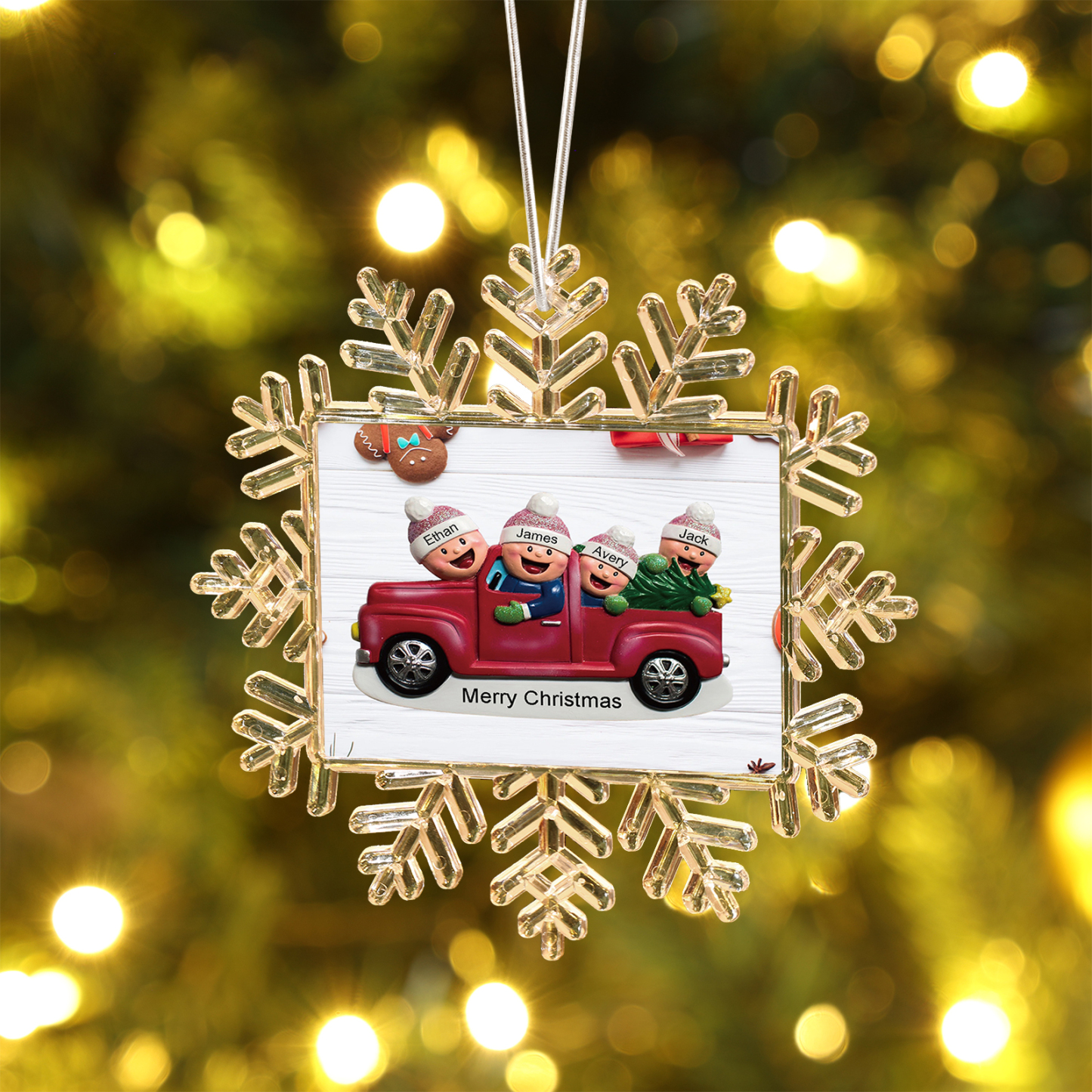 Kunststoff Weihnachtsornament – Personalisierte 2-6 Namen & Text Schneeflocke Weihnachtsbaum Anhänger mit 2-6 Familienmitgliedern im Auto