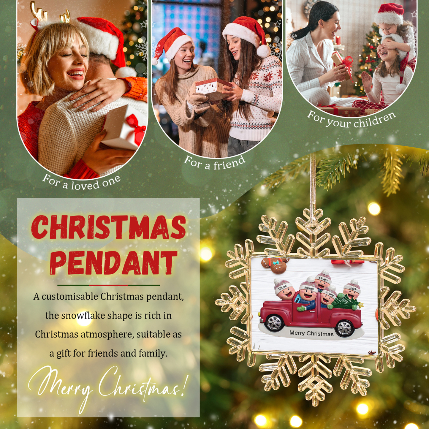 Kunststoff Weihnachtsornament – Personalisierte 2-6 Namen & Text Schneeflocke Weihnachtsbaum Anhänger mit 2-6 Familienmitgliedern im Auto