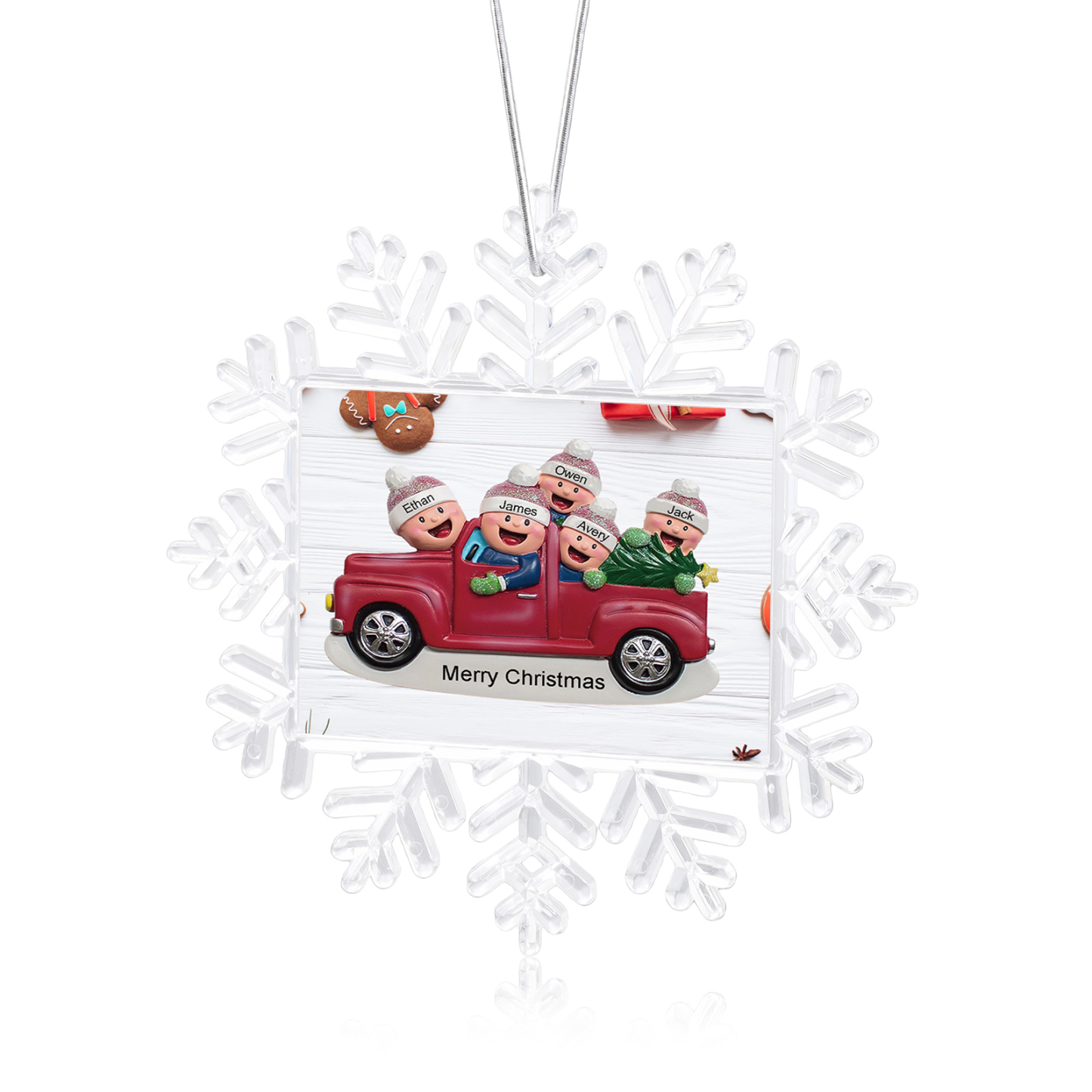 Kunststoff Weihnachtsornament – Personalisierte 2-6 Namen & Text Schneeflocke Weihnachtsbaum Anhänger mit 2-6 Familienmitgliedern im Auto